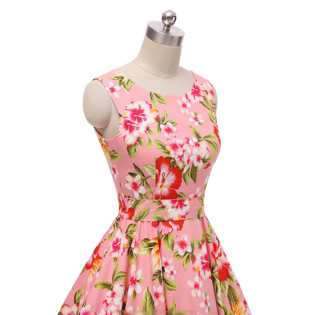 Floral Print Sleeveless Women's Summer Tunic Dress - Vintage Rockabilly Style Cotton Dress for Casual Outings, Beach Vacations & Retro Parties