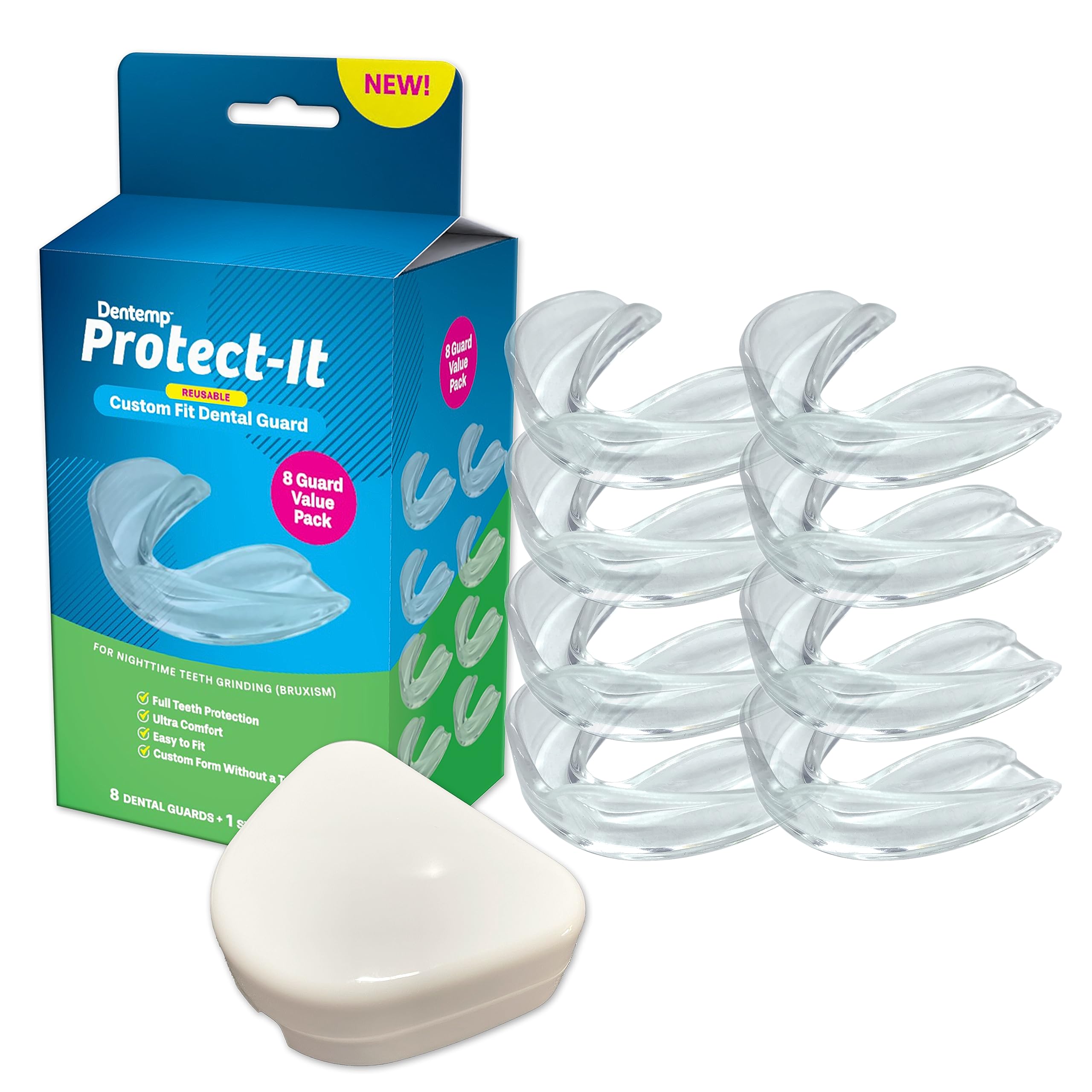 Dentemp Protect-It Custom Fit Mouth Guard 8 Pack for Teeth Grinding & Clenching - Night Guards for Sleep Bruxism Relief - Perfect for Sports, Travel & Nighttime Teeth Protection