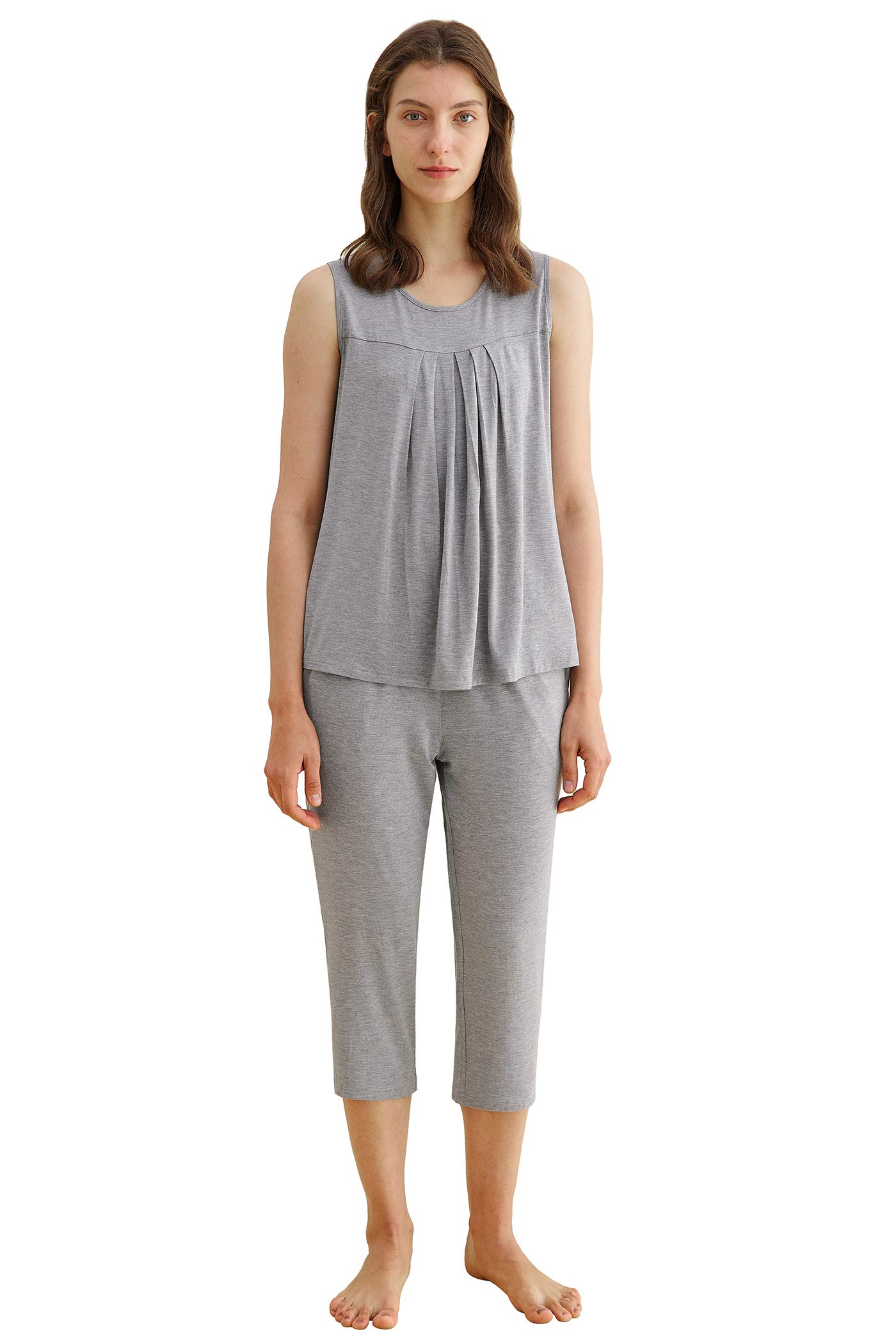 Latuza Women's Summer Pleated Tank Top & Capri Pajamas Set - Soft Sleepwear for Women, Comfortable Loungewear for Nightwear, Yoga & Relaxing at Home