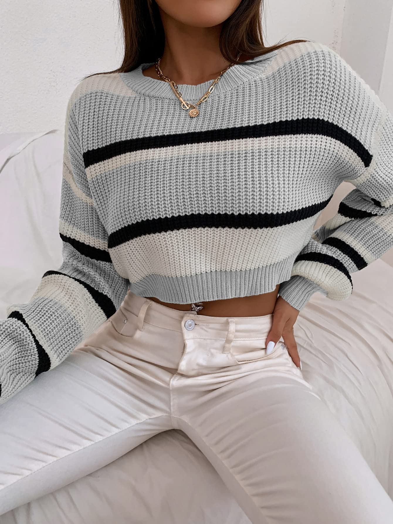 ZAFUL Women's Color Block Striped Cropped Sweater - Crew Neck Lantern Sleeve Loose Knit Top for Casual Wear | Perfect for Fall Outfits, Date Nights & Cozy Layering