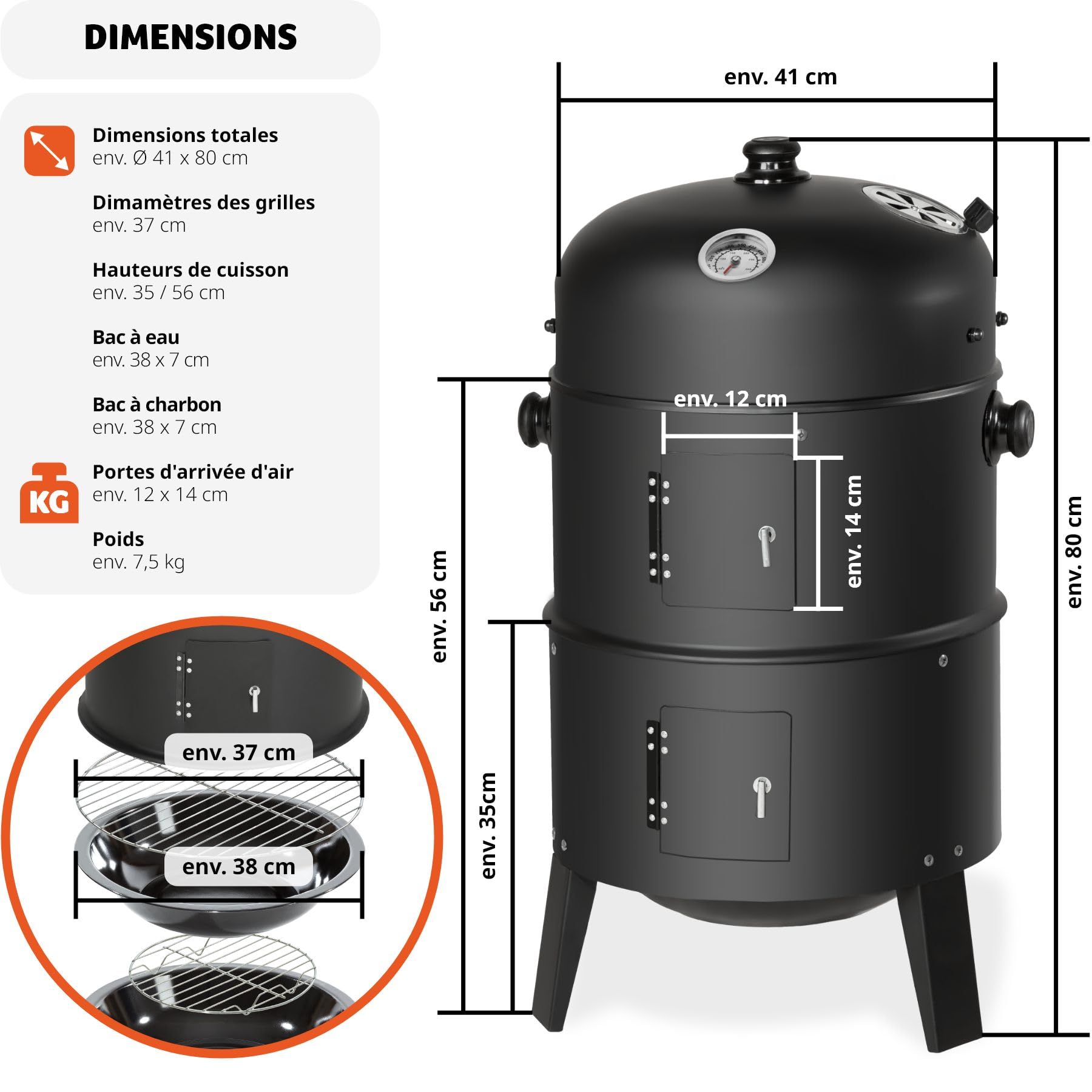Tectake® XL 3-in-1 Charcoal BBQ Grill & Smoker - 3-Tier Outdoor Cooking with Wheels & Built-in Thermometer for Meat, Fish, and Steam Cooking | Perfect for Backyard, Camping, and Tailgating Parties