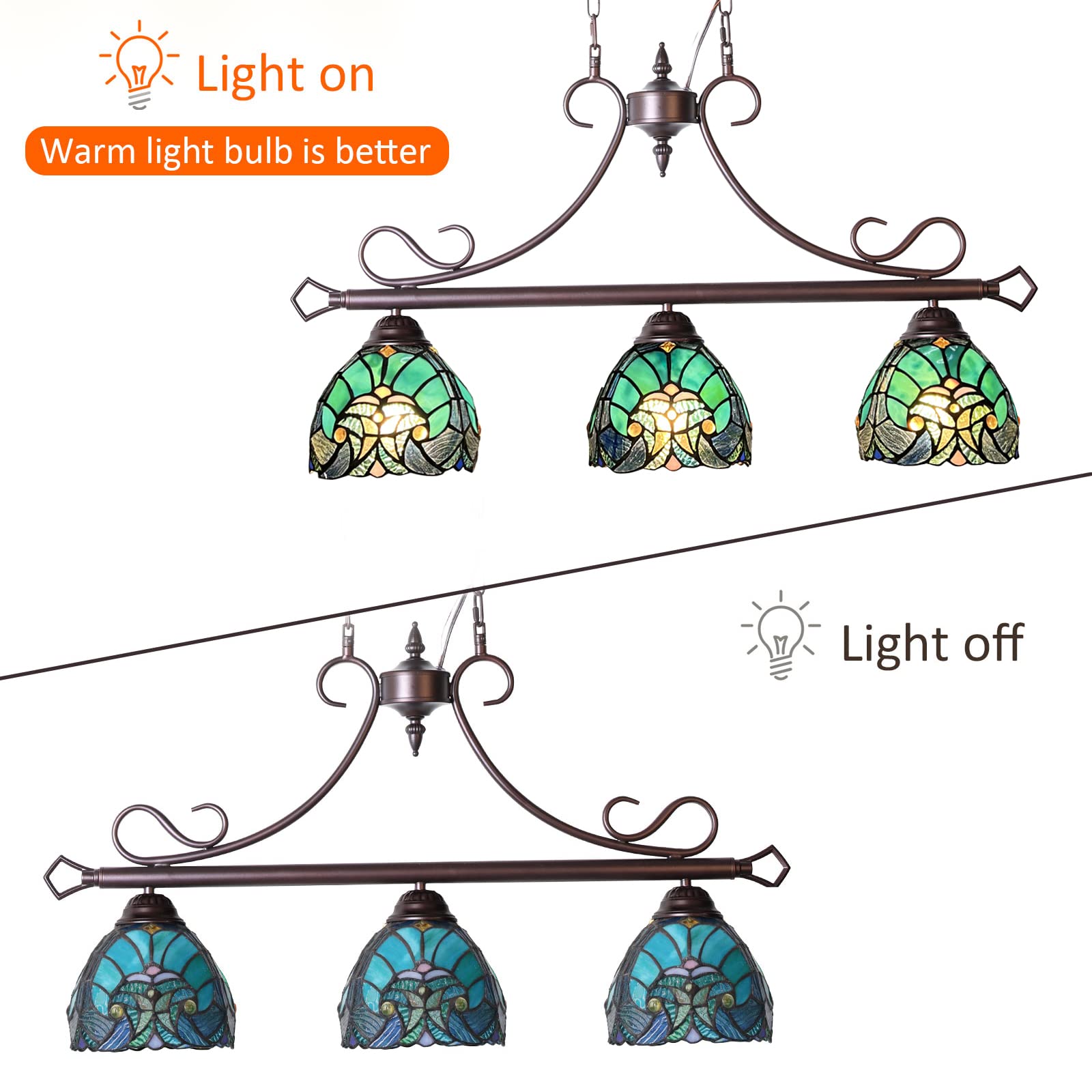 Tiffany Style Pool Table Chandelier - 3-Light Stained Glass Pendant Lighting Fixture for Dining Room, Kitchen Island, Game Room & Bar Decor | Perfect for Billiards, Entertainment Areas & Home Improvement