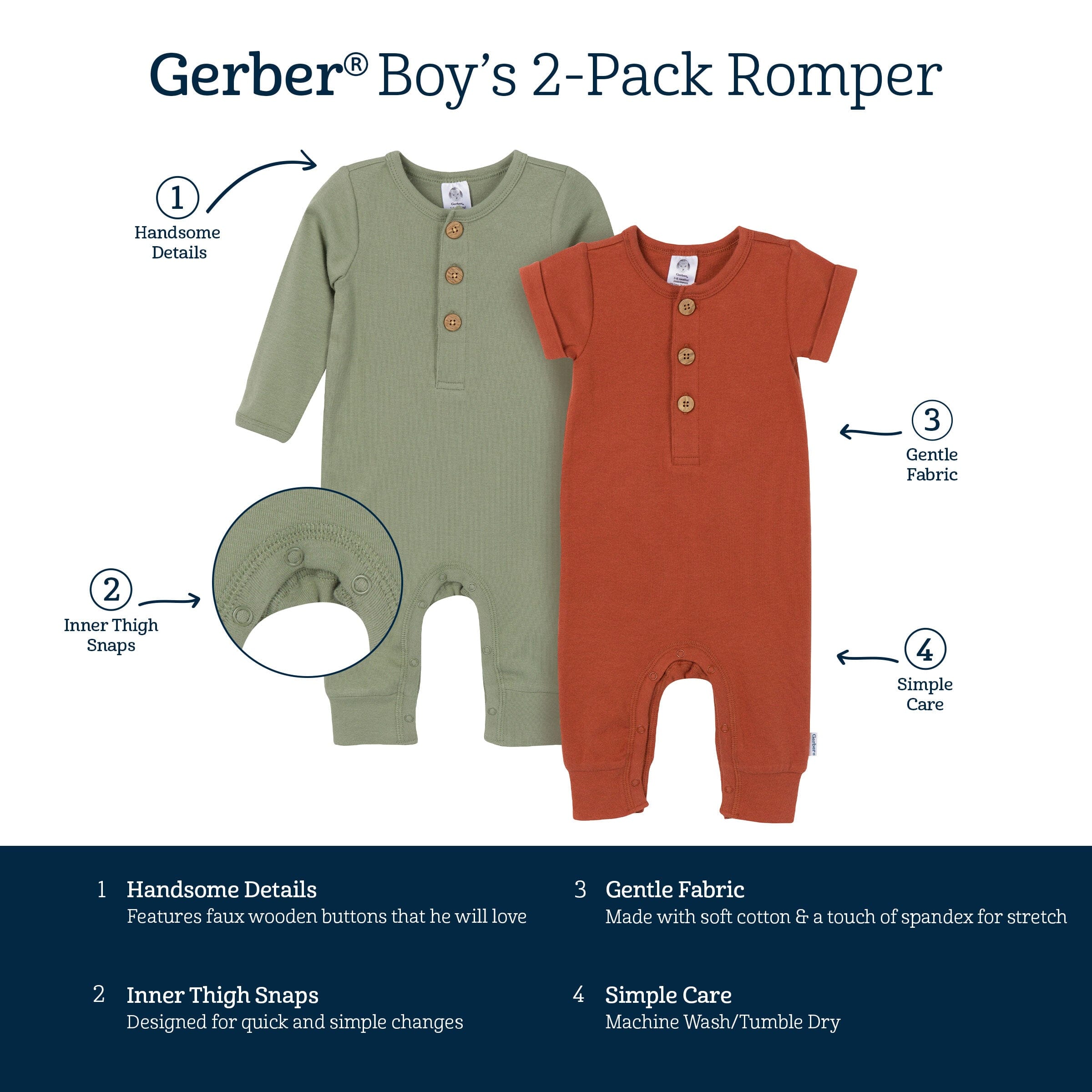 2 Pack Baby Boys Rust & Olive Rompers - Soft Cotton Short Sleeve Outfits for Newborns & Infants - Perfect for Playtime, Photo Shoots & Family Outings