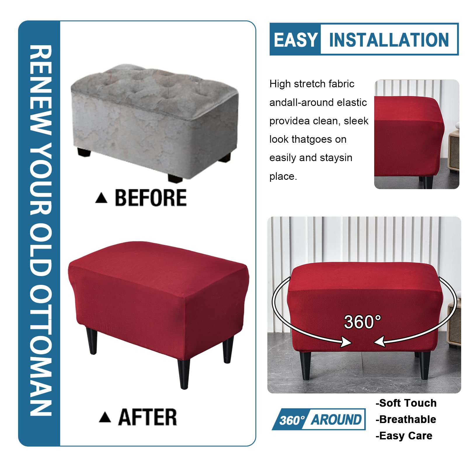 CRFATOP X-Large Ottoman Chair Cover - Stretchable Rectangle Storage Stool Slipcover with Elastic Bottom, Solid Footstool & Footrest Protector - Perfect for Living Room, Bedroom, and Home Decor