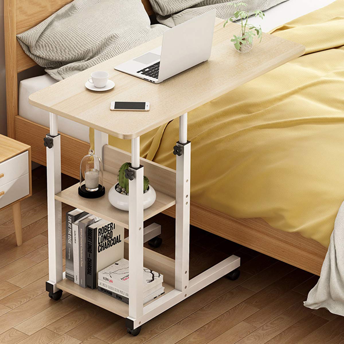 Adjustable Laptop Desk for Bed - Portable Folding Bedside Table with Wheels, Height Adjustable Workstation for Home Office, Student Dorm & Small Spaces (Maple Cherry Wood) - Perfect for Remote Work, Online Classes & Cozy Bedside Computing