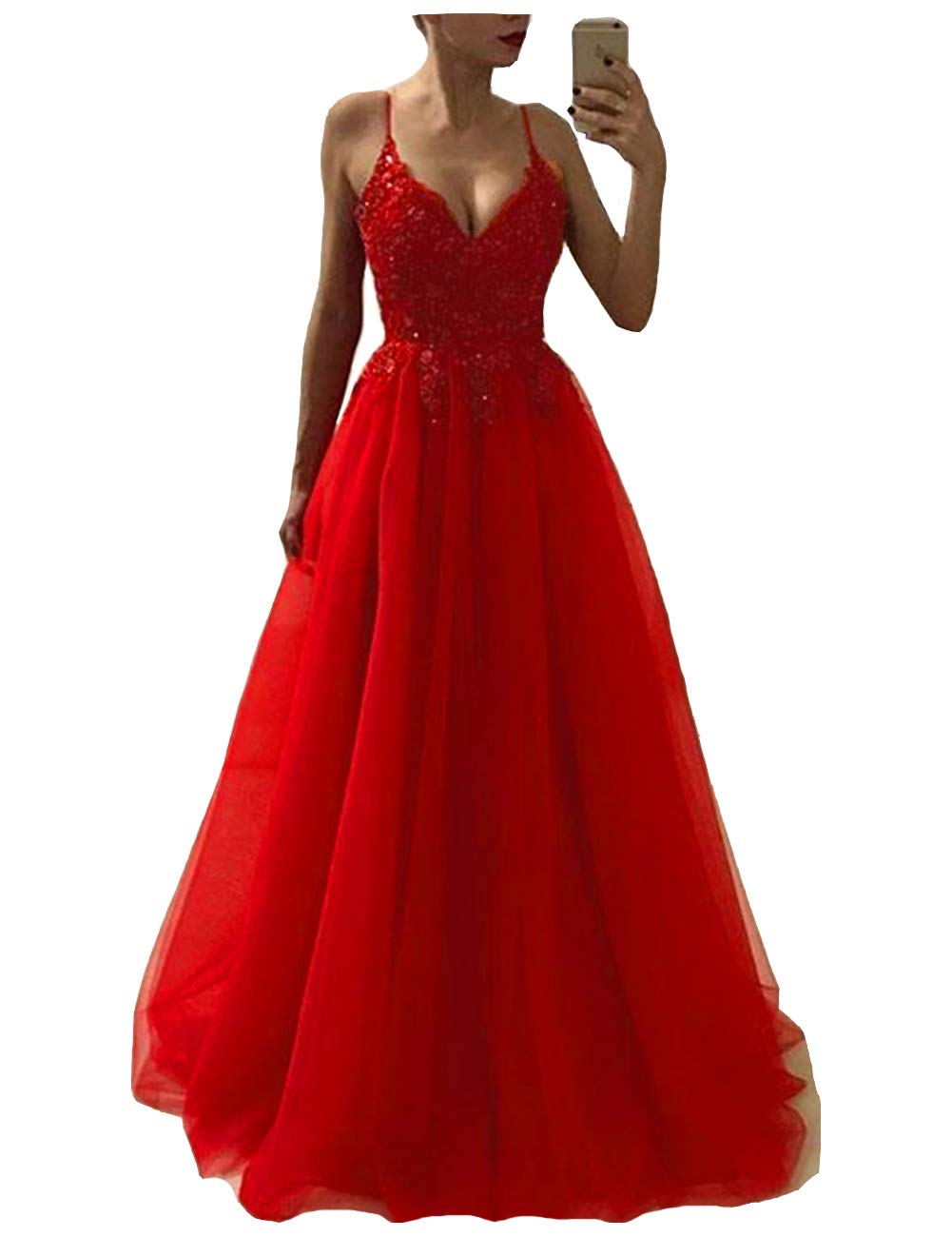 Lemai Women's V-Neck Spaghetti Strap Tulle Beaded Lace Long Evening Prom Dress - Elegant Formal Gown for Homecoming, Wedding Guest & Special Occasions