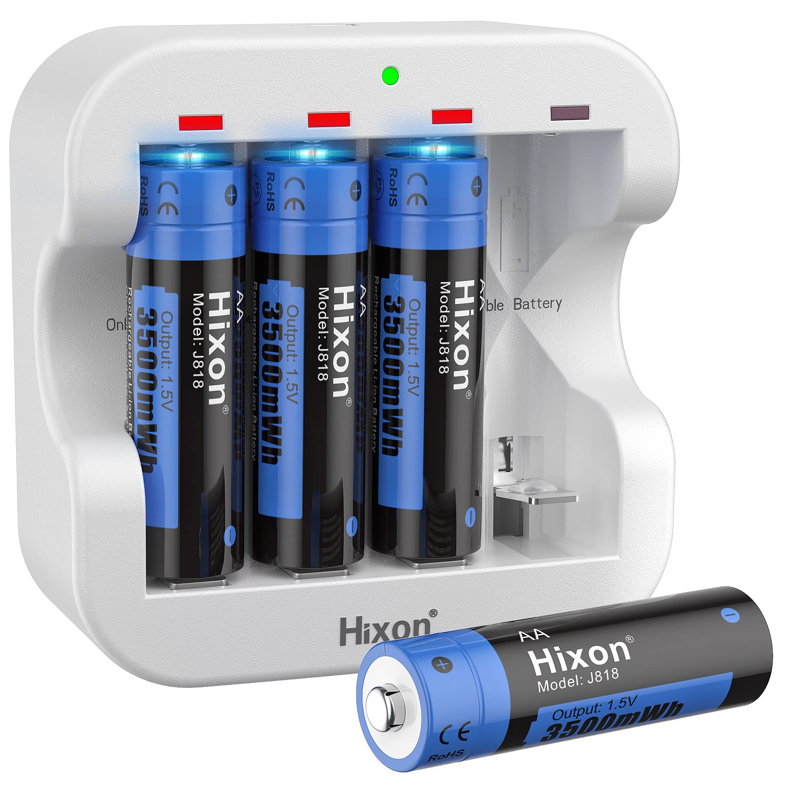 Hixon 3500mWh High-Capacity AA Rechargeable Lithium Batteries with Charger - 4 Pack 1.5V Constant Output for Digital Cameras, Game Controllers & Smart Home Devices