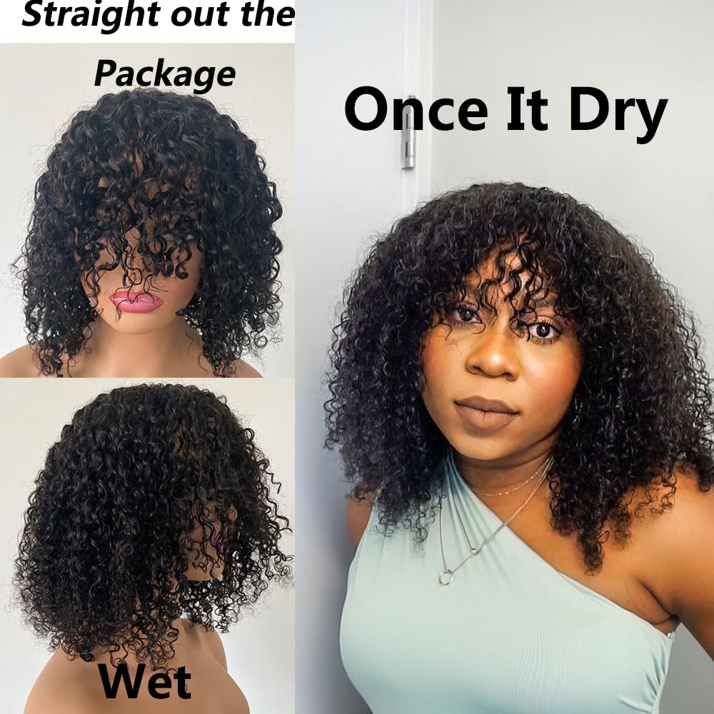100% Brazilian Human Hair Wig with Bangs - 16 Inch Loose Curly Wig 180 Density for Black Women | O Scalp Top Full Machine Made | Natural Color | Perfect for Daily Wear, Parties & Special Occasions