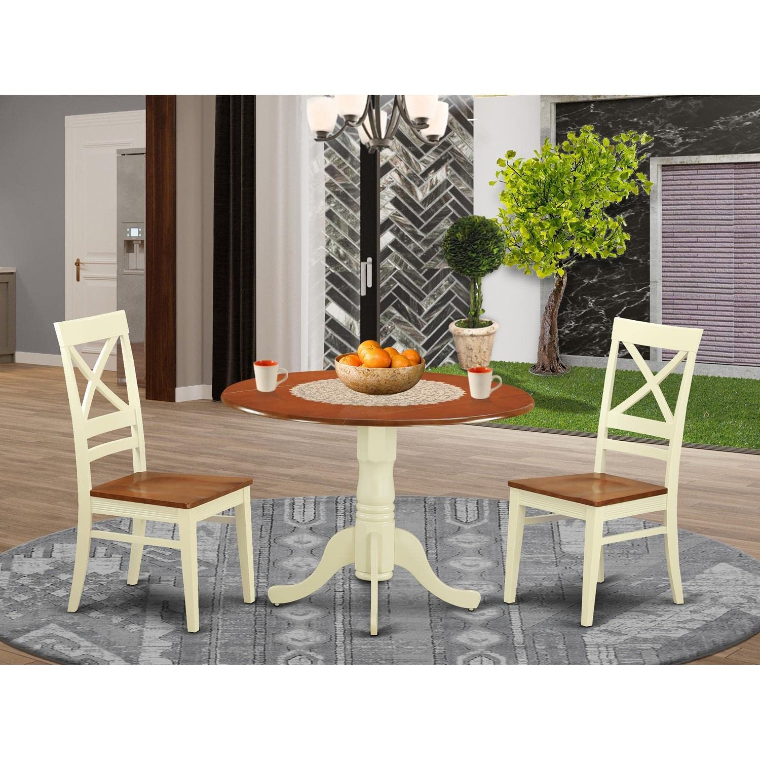 East West Furniture DLQU3-BMK-W 3-Piece Dining Room Set - Round Drop-Leaf Kitchen Table & 2 Chairs, 42x42 Inch, Buttermilk & Cherry - Perfect for Small Spaces, Breakfast Nooks & Cozy Apartments
