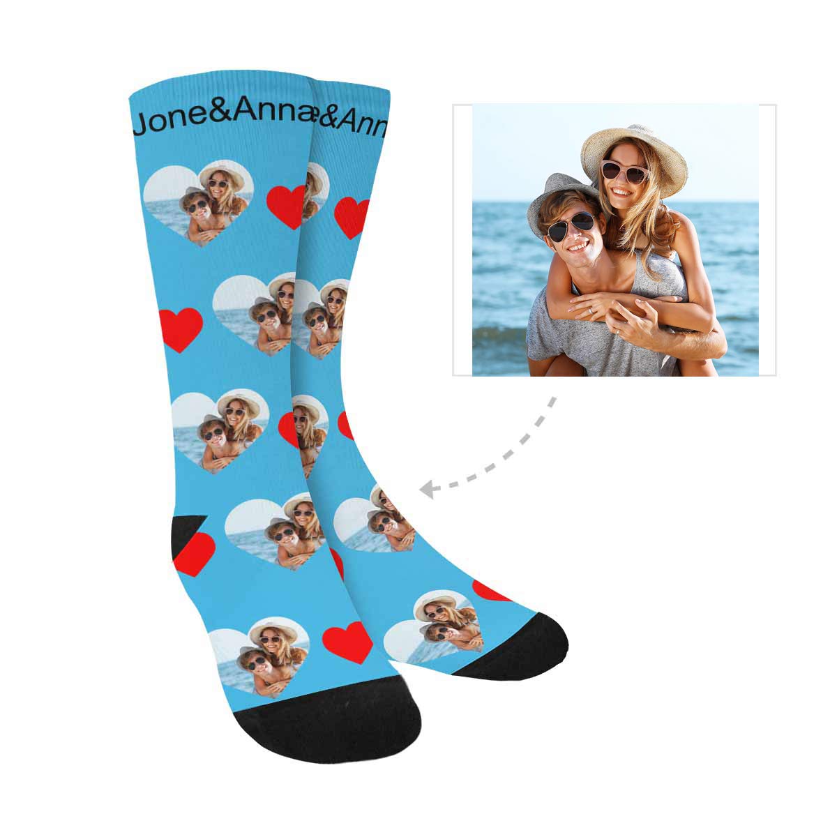 Custom Photo Pet Face Socks - Personalized Couple Crew Socks with 2 Pet Portraits for Men & Women | Valentine's Gift, Anniversary Present, Matching Couple Outfits
