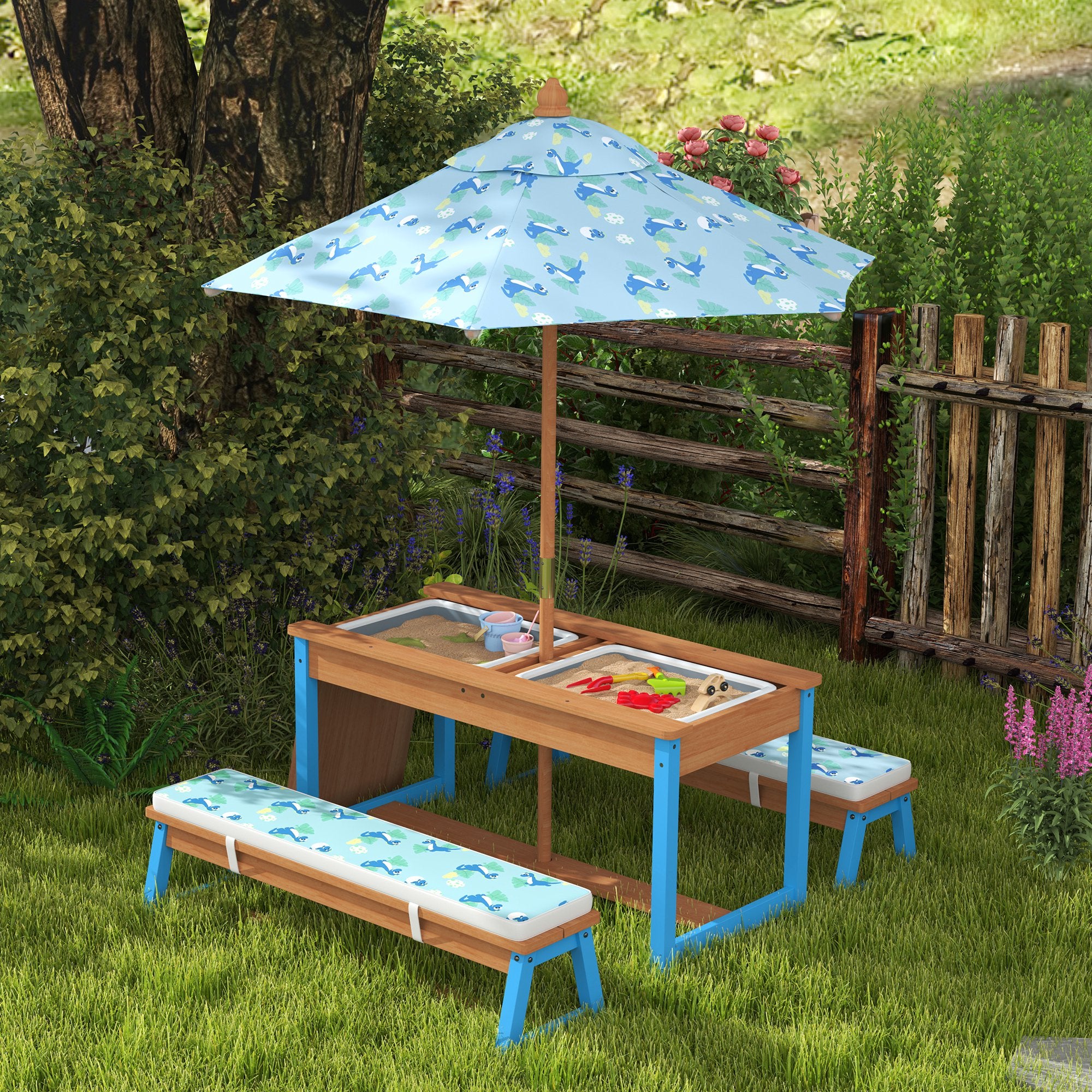 Qaba Kids Picnic Table and Bench Set with Removable Umbrella, Cushions & Storage Boxes - Dinosaur Themed Outdoor Furniture for Toddlers (Blue) - Perfect for Backyard, Patio, Park and Playdates