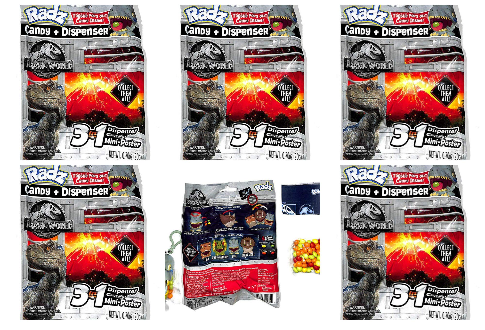 Radz Jurassic World Candy Dispenser - Sealed 5-Pack Dinosaur Toy Set for Kids | Perfect for Birthday Parties, Halloween Treats & Classroom Rewards