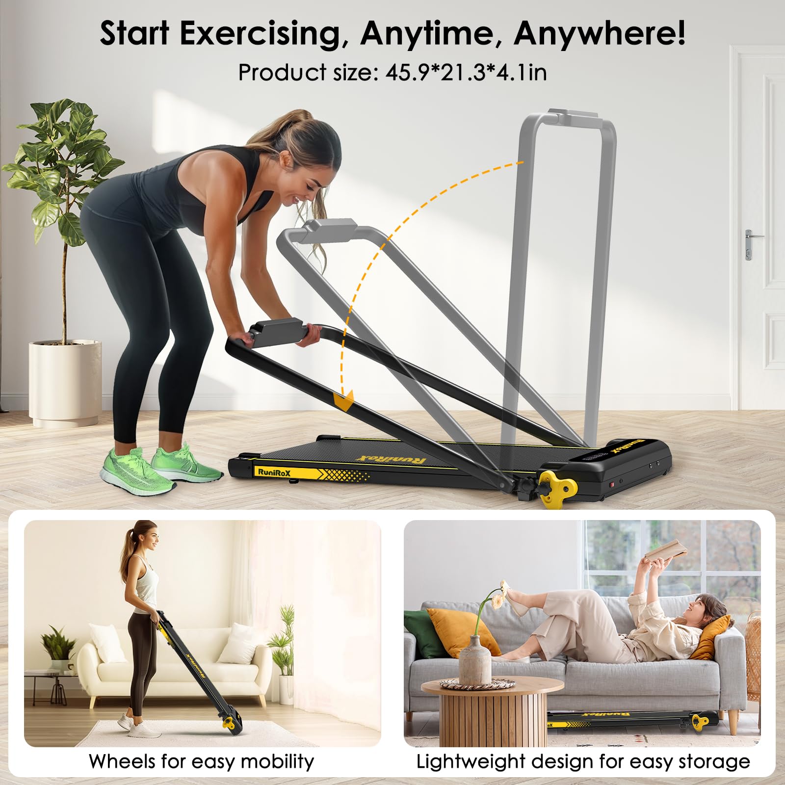 3 in 1 Folding Walking Pad Treadmill with Incline & LED Lights - Under Desk Treadmill for Home Office, Portable Treadmill with Smart APP Control & LED Display - Perfect for Small Spaces, Work from Home & Apartment Workouts