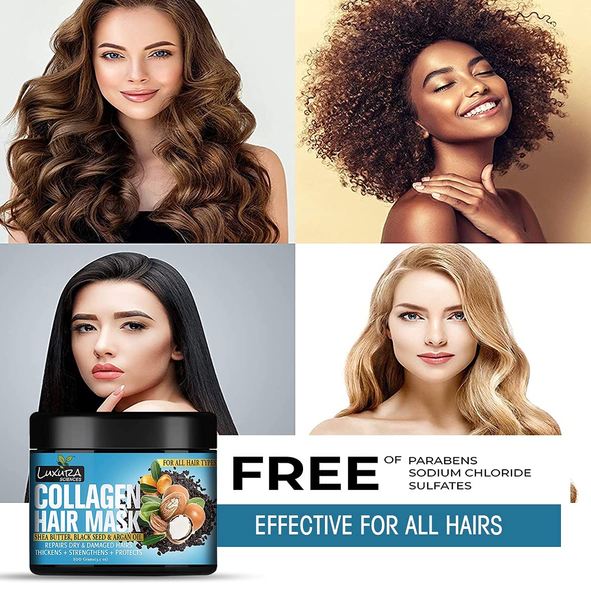 Luxura Sciences Collagen Hair Mask & Deep Conditioner with Black Seed Oil, Argan Oil & Shea Butter - Intense Hydration & Repair Treatment for Dry, Damaged Hair - 100g (Refreshing Peace) - Perfect for Post-Shower Hair Care & Weekly Nourishment Routine