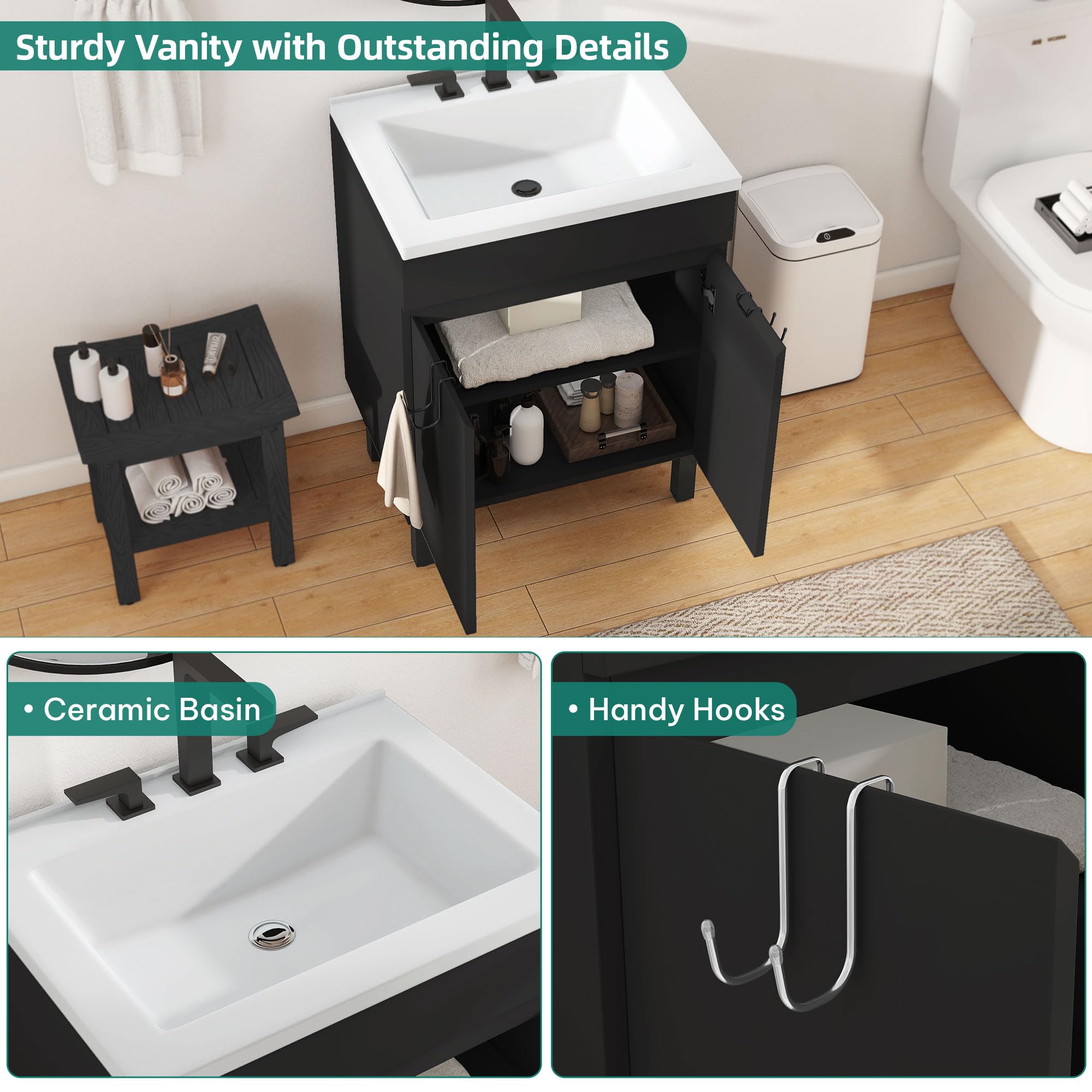 DWVO 24 Inch Black Bathroom Vanity with Undermount SMC Sink - Modern Small Bathroom Sink Cabinet with Adjustable Legs, 2 Soft Closing Doors & Drain - Perfect for Compact Bathrooms, Powder Rooms & Apartment Baths