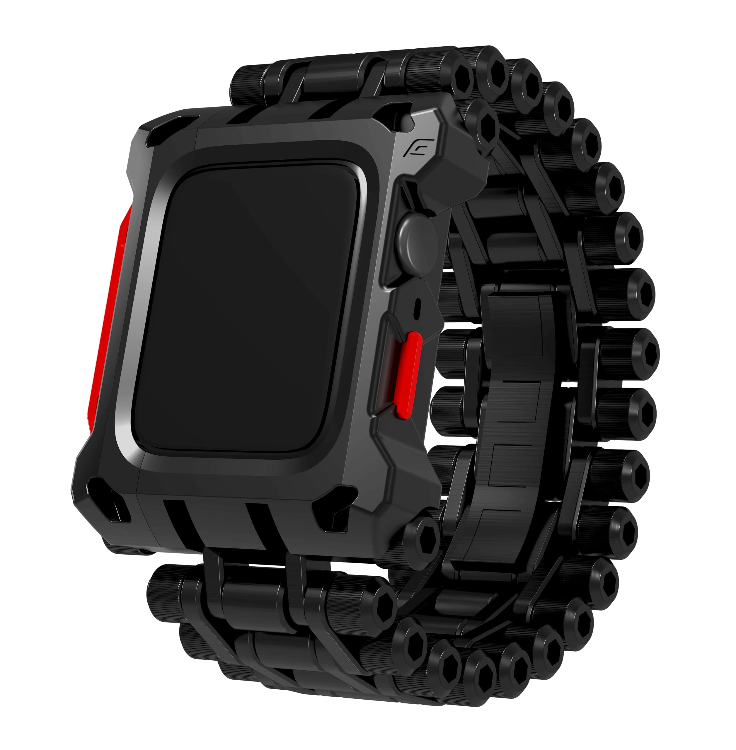 Premium Heavy Duty Metal Watch Band for Apple Watch Series 7/8 (45mm) - Adjustable Sizing Links, Bold Unique Design in Black (EMT-522-258AZ-01) - Perfect for Outdoor Adventures, Workouts & Everyday Wear
