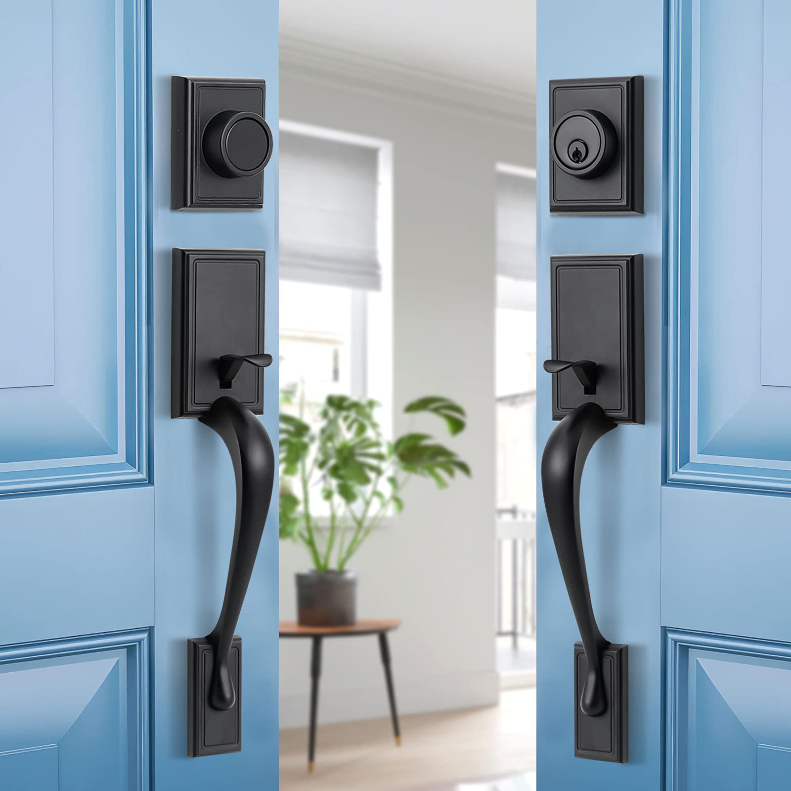 Premium Matte Black Front Door Lock Set - Double Door Handle with Deadbolt & Dummy Lockset (B-S118-M-USAM021) for Home Security & Entry Doors - Ideal for Residential & Commercial Properties