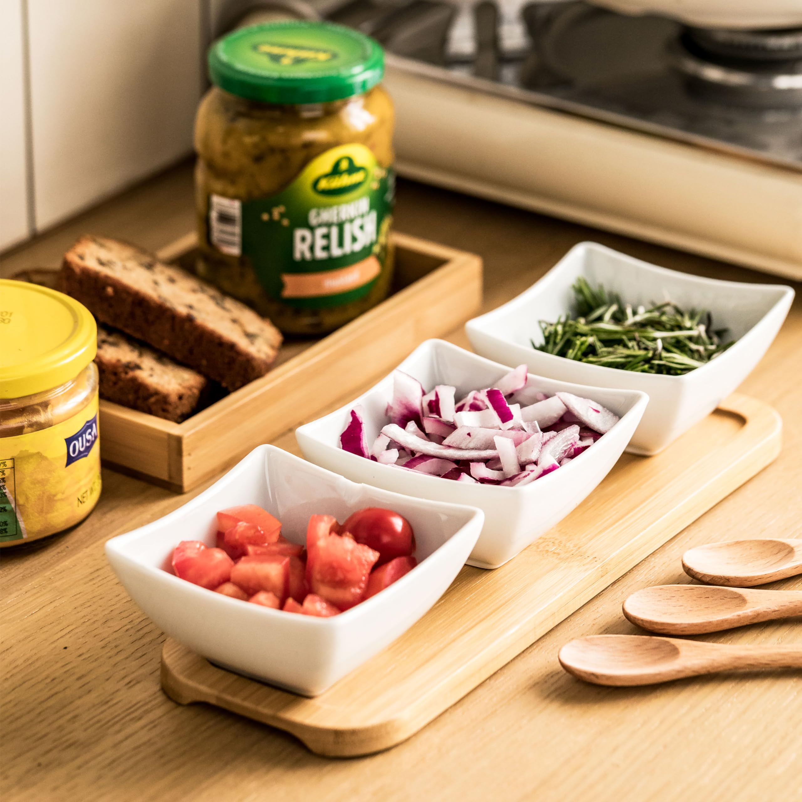 Ceramic Chip and Dip Serving Set with Wooden Spoons - Appetizer Tray for BBQ, Party Snacks & Entertaining - Perfect for Nachos, Salsa, Guacamole & Condiments