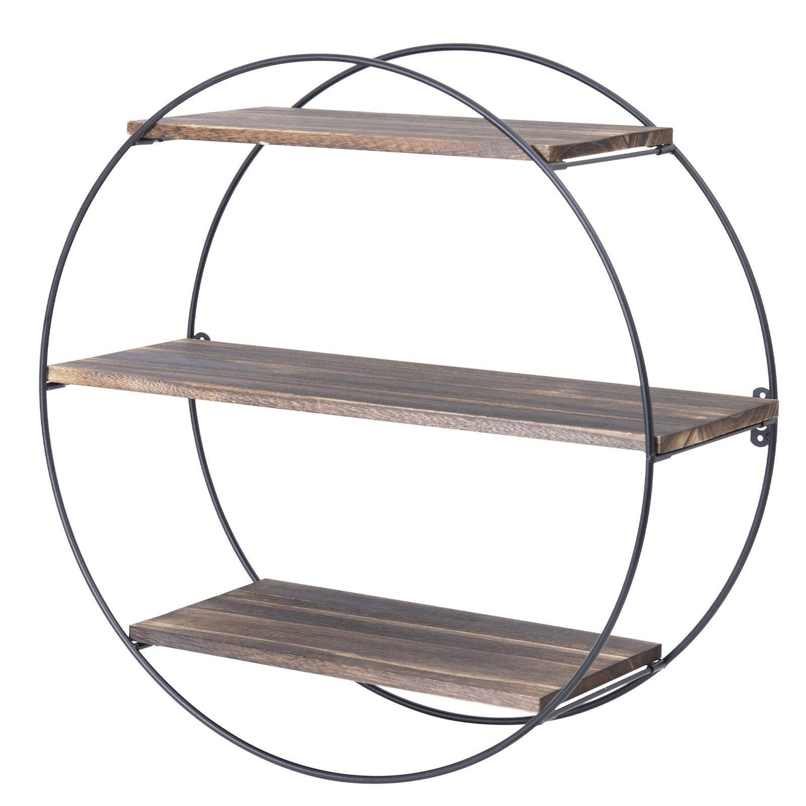 Round 3-Tier Floating Shelves Wall Mounted - Rustic Wood Geometric Industrial Decor Shelf for Bedroom, Bathroom & Living Room Storage - Mikalo Wall Shelves for Home Organization & Stylish Display