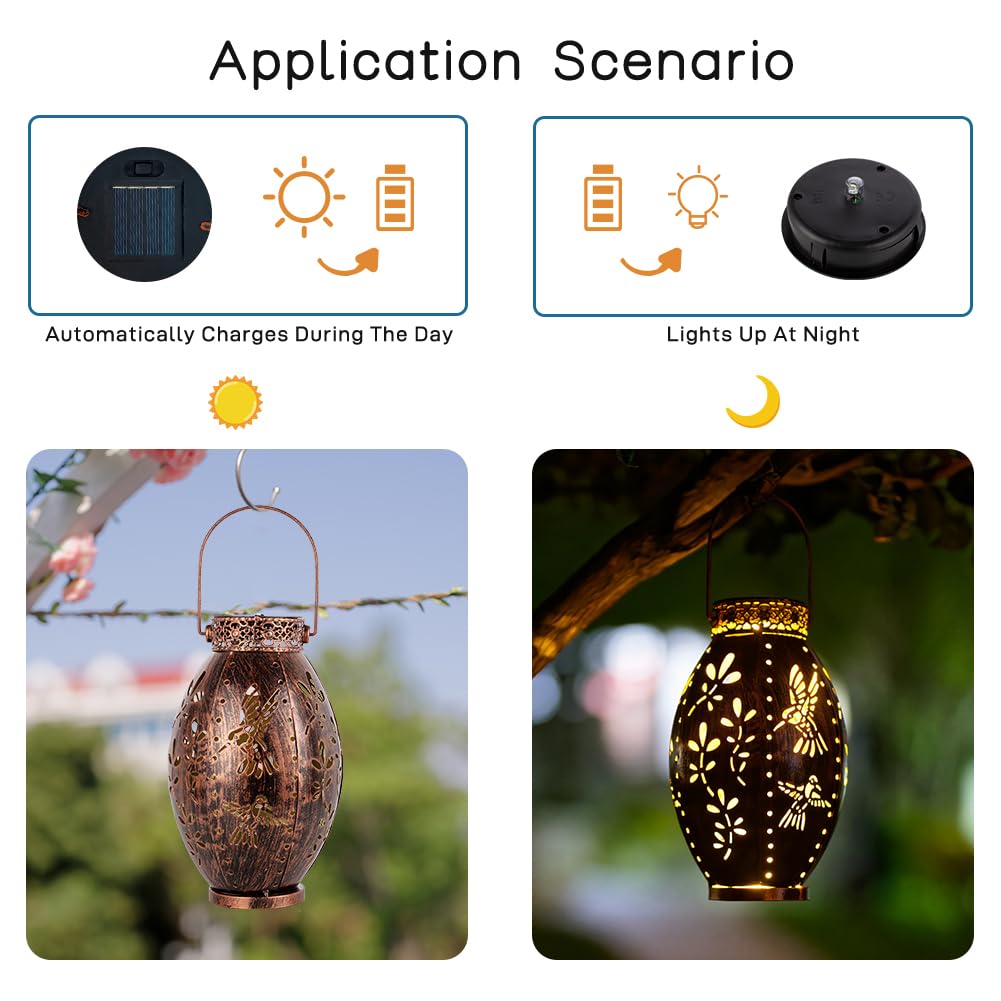 Stargarden Solar Lanterns 2 Pack - Waterproof Outdoor Decorative Hanging Lights with Hollow-Out Hummingbird Design for Garden, Patio, Yard - Copper Finish Solar Powered Lanterns for Evening Ambiance and Pathway Lighting
