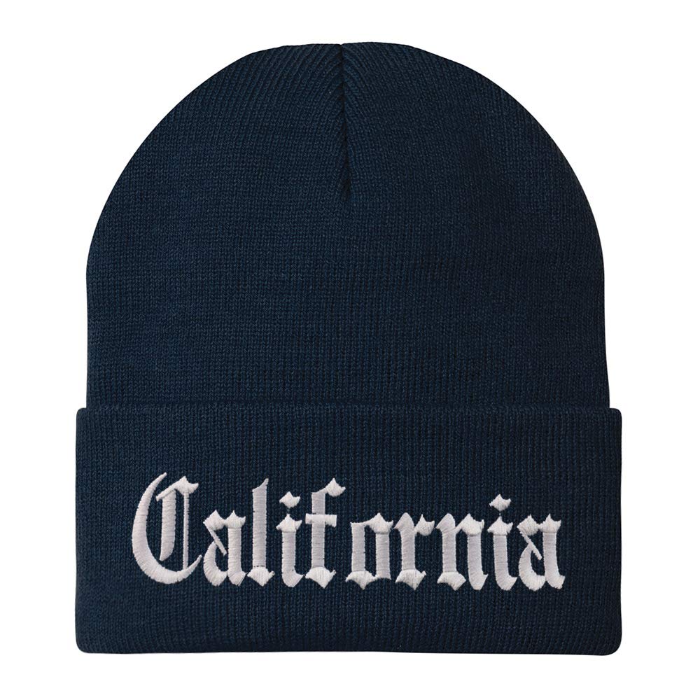 Trendy Old English Embroidered Long Cuff Beanie - Winter Knit Hat for Men & Women - Indiana State Pride Fashion - Perfect for Cold Weather, Snow Sports & Streetwear