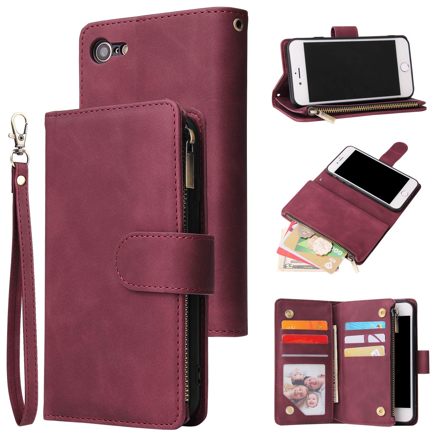 Premium PU Leather Magnetic Wallet Case for iPhone SE 2022/SE3/SE2/SE 2020/7/8 - Handbag Style with Zipper Pocket, Card Slots & Wrist Strap | Wine Red | Perfect for Daily Use, Travel & Shopping