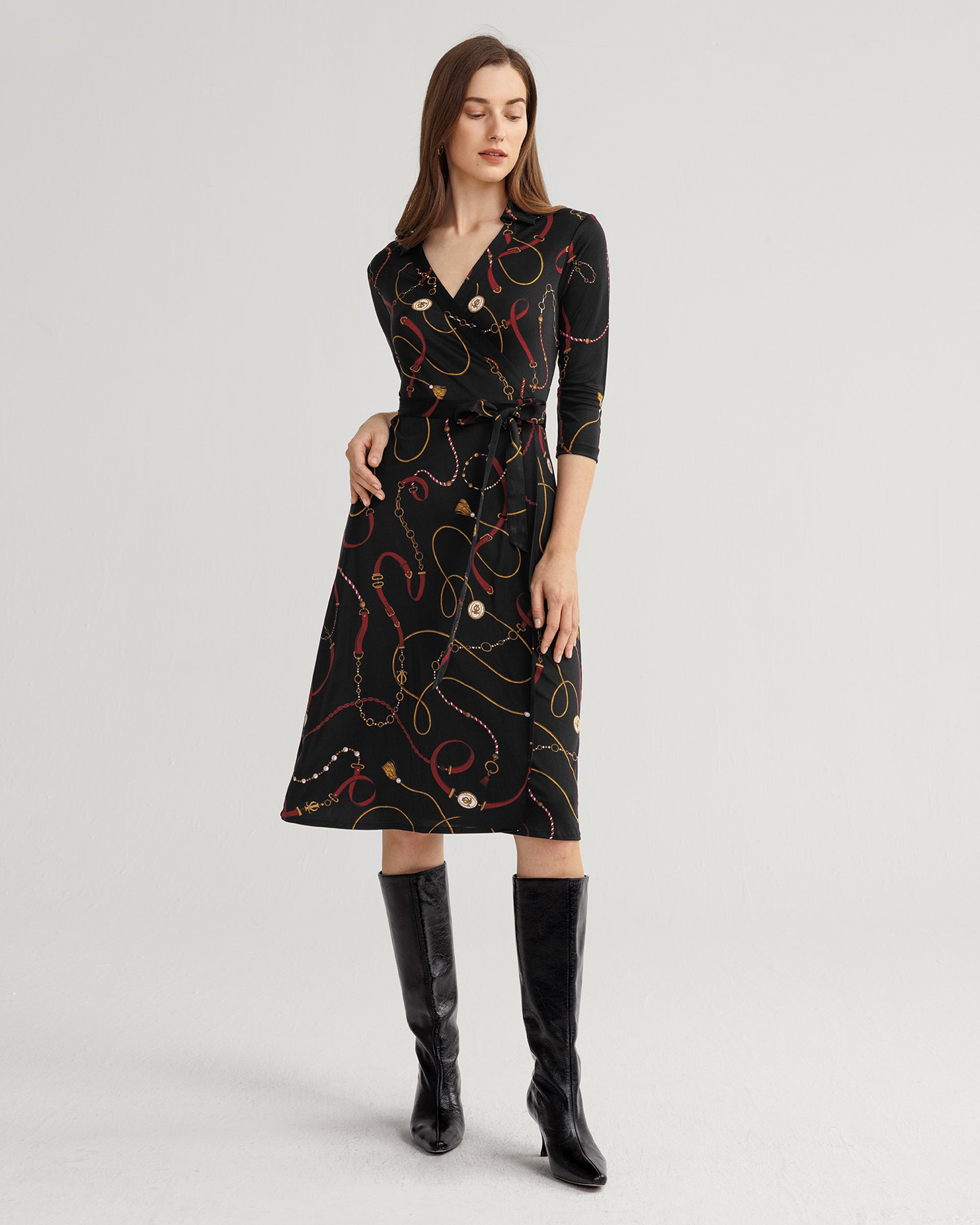 Louisville Print Wrap Dress for Women - Floral Summer Midi Dress with V-Neck & Belt - Perfect for Office, Party & Vacation