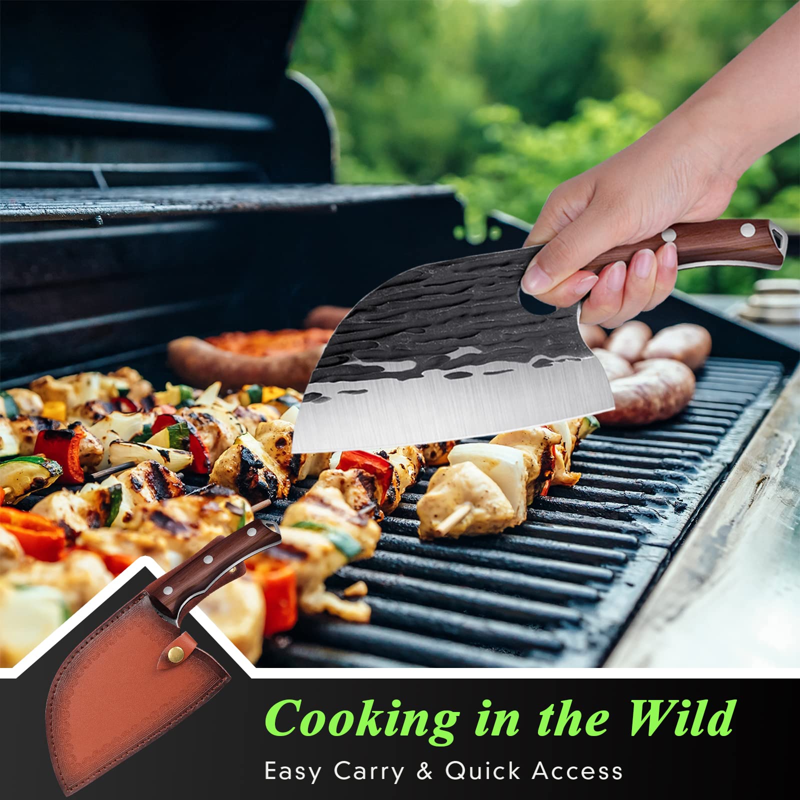 Premium Bone Cleaver & Serbian Chef Knife Set - Heavy Duty Hunting Knives for Men with Sheath - Perfect for BBQ, Camping, Outdoor Adventures & Viking Gifts
