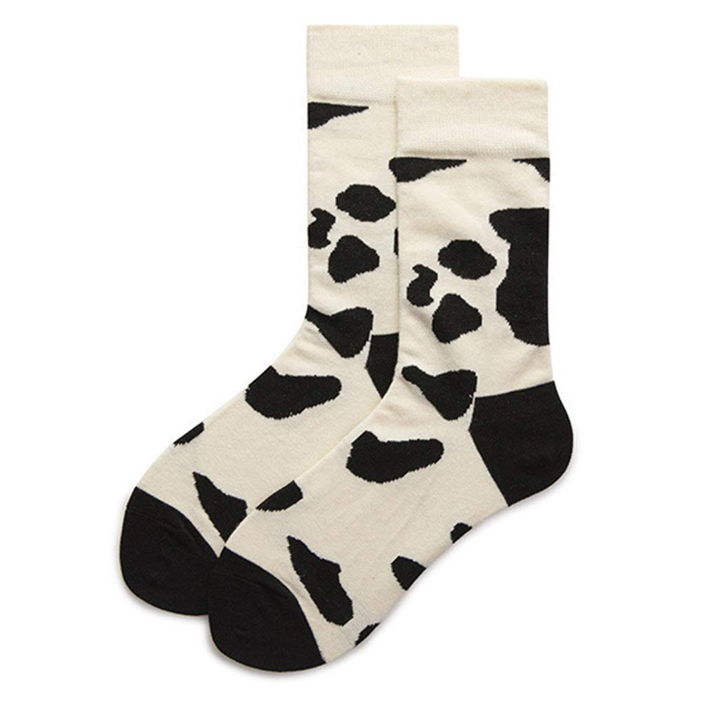 Funny Cow Print Unisex Crew Socks - Black & White Milk Cow Design Skateboard Mid-Tube Socks for Men & Women (Beige/Black) | Perfect for Casual Wear, Gifts, and Skateboarding
