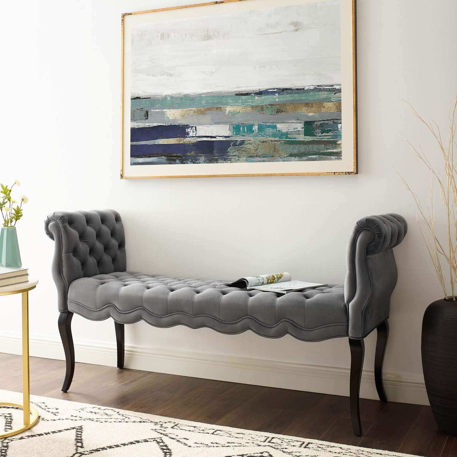 Modway Adelia Chesterfield Style Performance Velvet Entryway Bench in Gray - Elegant Sofa Bench for Living Room, Bedroom & Hallway Decor