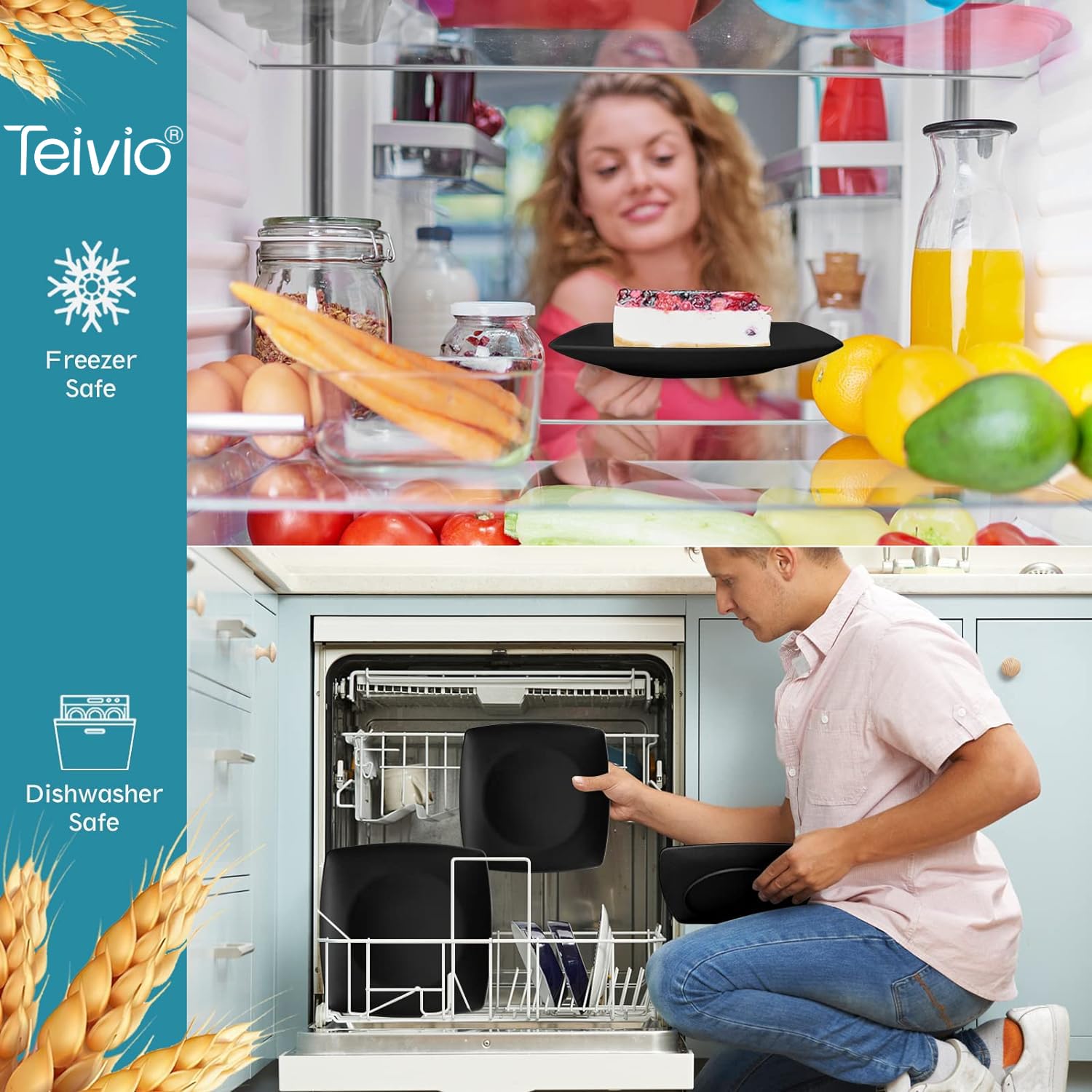 Teivio 32-Piece Unbreakable Plastic Wheat Straw Dinnerware Set for 8 - Square Dinner Plates, Salad Plates, Snack Bowls & Tumblers | Dishwasher Safe, Eco-Friendly Black Tableware | Perfect for Parties, Picnics & Everyday Dining