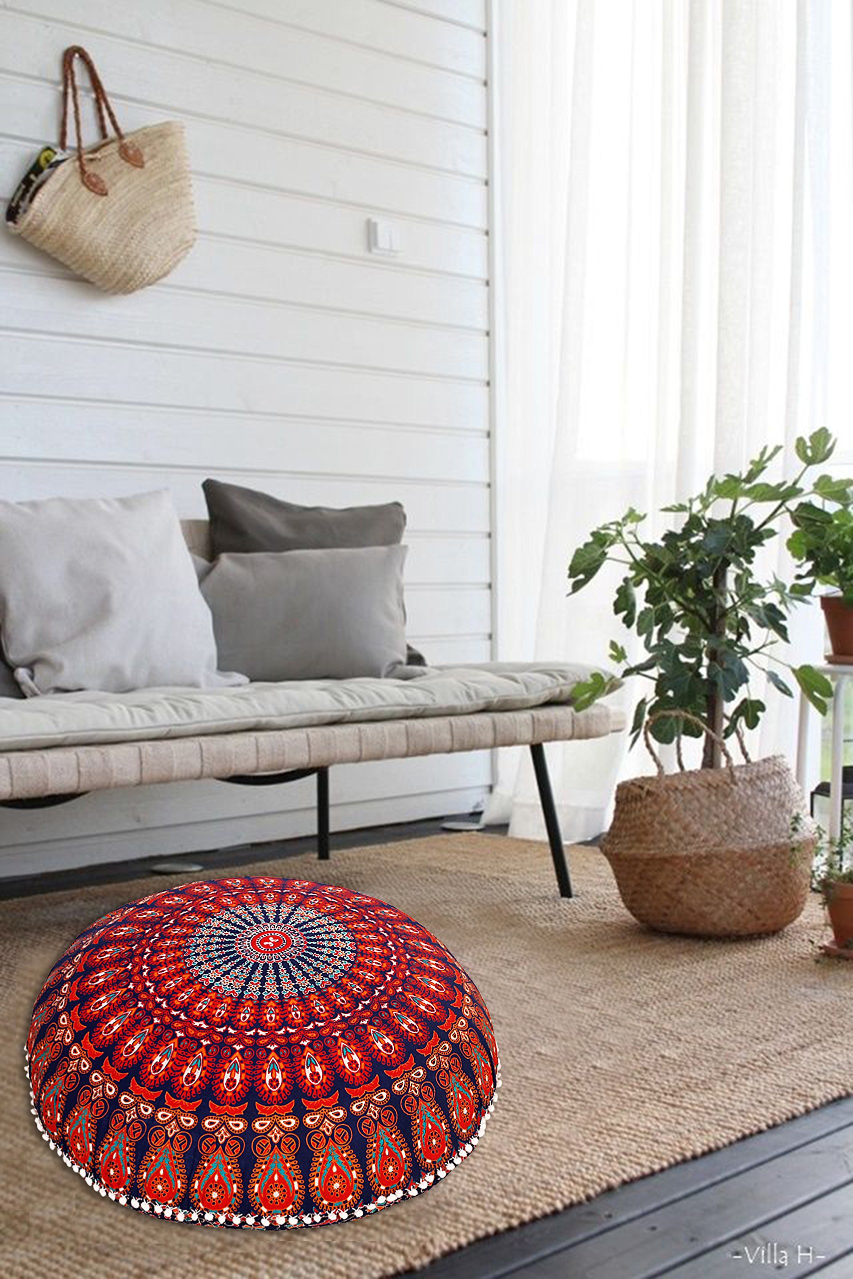 Anokhiart Navy Blue Round Mandala Floor Pillow - Boho Decor Throw Cushion with Pom Poms for Living Room, Bedroom & Meditation Space | Hippie Style Seating Pouf Cover