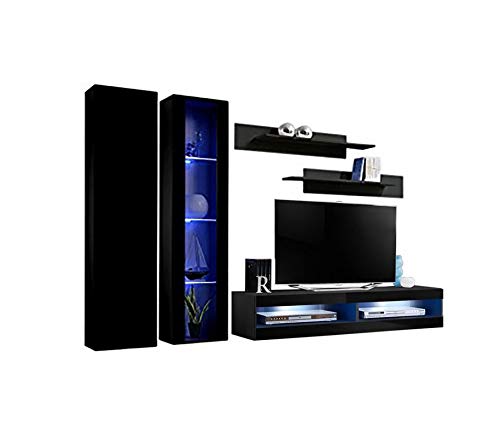 Modern Black Wall-Mounted TV Stand with Storage Shelves & LED Lights - Floating Entertainment Center Console for Living Room & Bedroom - Perfect for Small Spaces & Home Theater Setup - A4 34TV Meble Furniture Fly