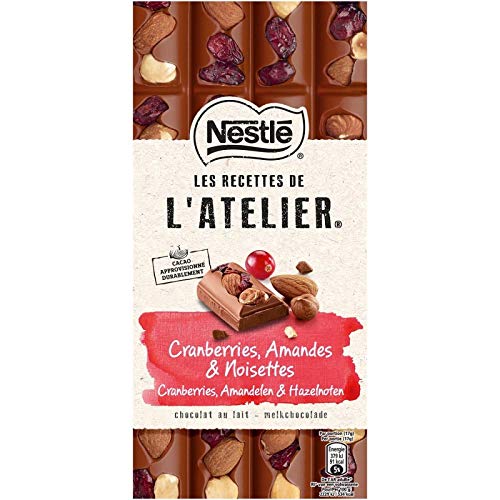 Nestle Les Recettes de l'Atelier Milk Chocolate with Cranberries, Hazelnuts & Almonds 170g (Pack of 3) - Premium Swiss Chocolate Bars for Gifts, Desserts & Snacking