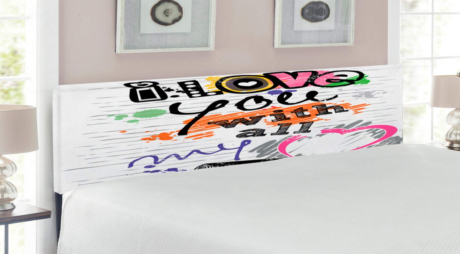 Ambesonne 'I Love You' Upholstered Metal Headboard with Memory Foam - King Size Grunge Sketchy Notebook Design for Couples Bedroom Decor | Romantic Gift Idea for Anniversaries & Valentine's Day