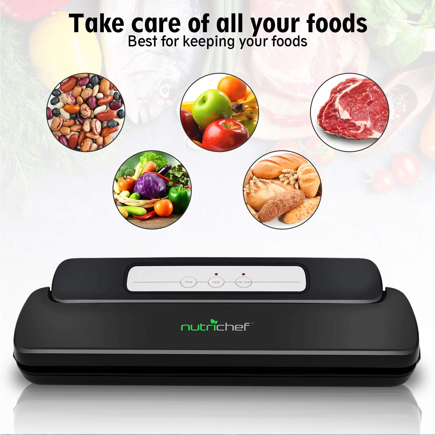 NutriChef Automatic Handheld Vacuum Sealer Machine for Food Storage - Compact Heat Sealing System for Dry & Moist Foods - Includes Plastic Roll Bags - Perfect for Meal Prep, Sous Vide & Kitchen Organization (Model AZPKVS10BK) | Preserve Freshness for Longer Shelf Life