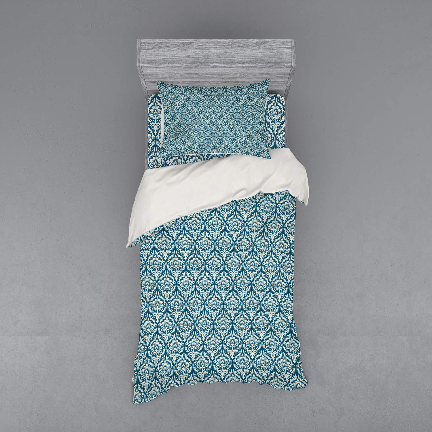 Ambesonne Victorian Bedding Set - Modern Country Style Abstract Vintage Duvet Cover 3 Piece Set with Pillow Sham & Fitted Sheet, Twin Size, Navy Blue & Cream - Perfect for Guest Rooms, Farmhouse Decor & Cozy Bedroom Makeovers