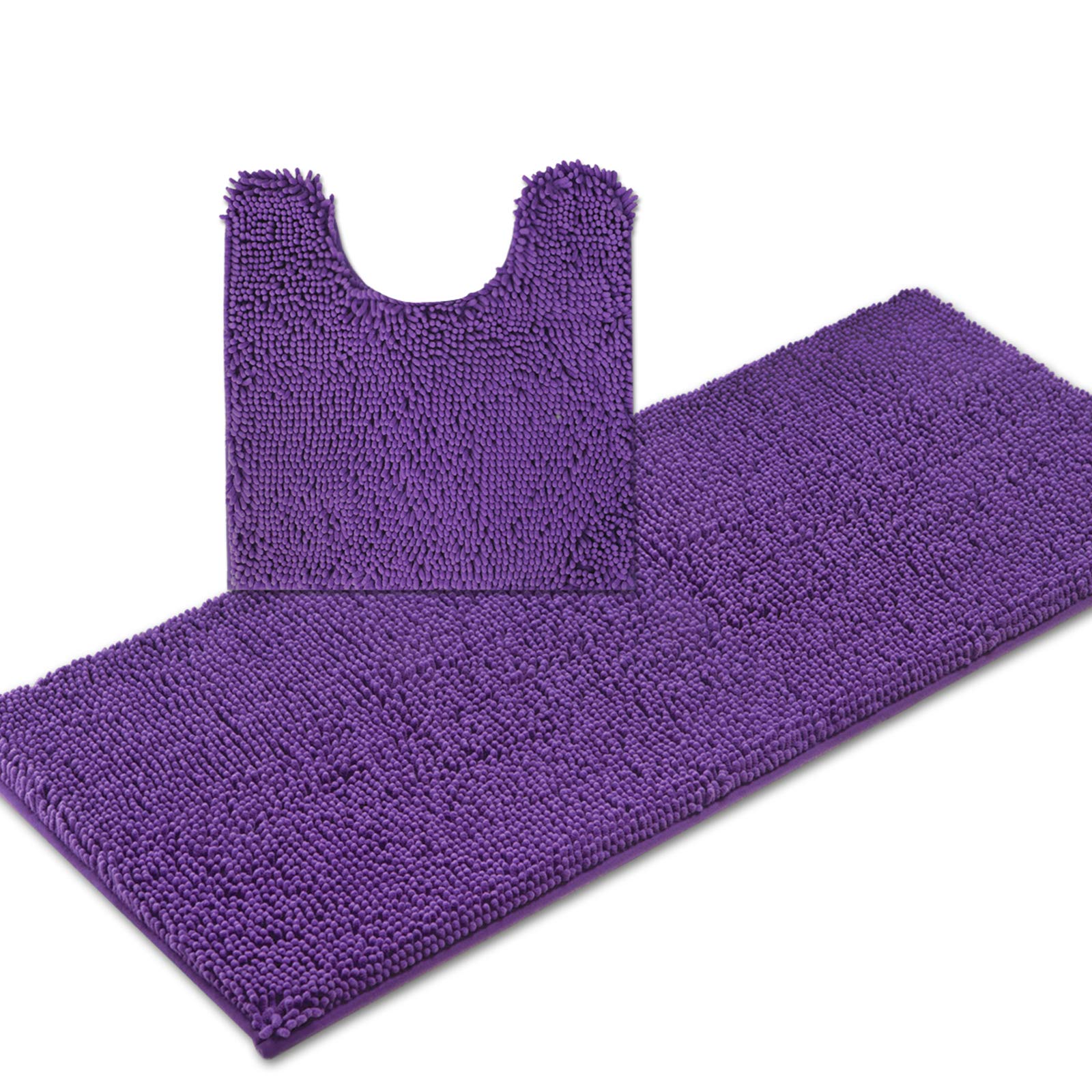 ITSOFT 2-Piece Non-Slip Shaggy Chenille Bathroom Rug Set - 21x24 Inch U-Shaped Toilet Mat & 21x47 Inch Bath Mat, Soft & Absorbent, Lilac - Perfect for Bathroom, Shower, Vanity & Home Decor
