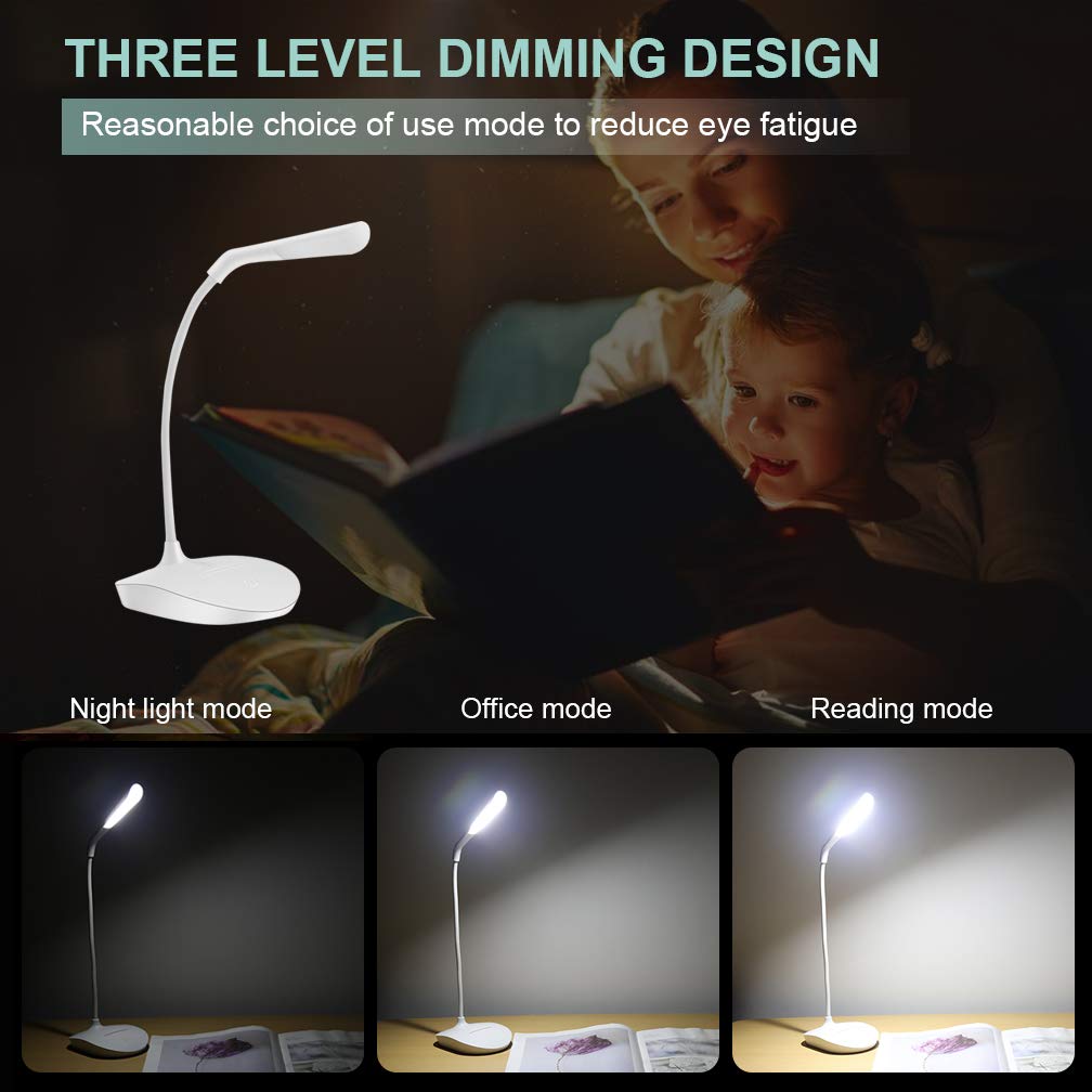 Brivation Small Desk Lamp with 3 Dimming Levels - Touch Sensitive Eye-Care Clip Light for Reading, USB Rechargeable & Battery Powered (4AA) - Perfect for Office, Study, Bedroom Nightstand and Dorm Room