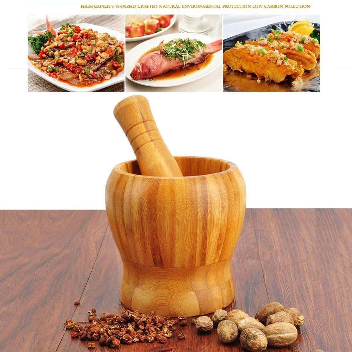 Natural Bamboo Mortar and Pestle Set - 100% Organic Spice Grinder for Crushing Herbs, Garlic, Pepper, Nuts & Making Guacamole - Eco-Friendly Kitchen Tool for Cooking, Baking & Meal Prep