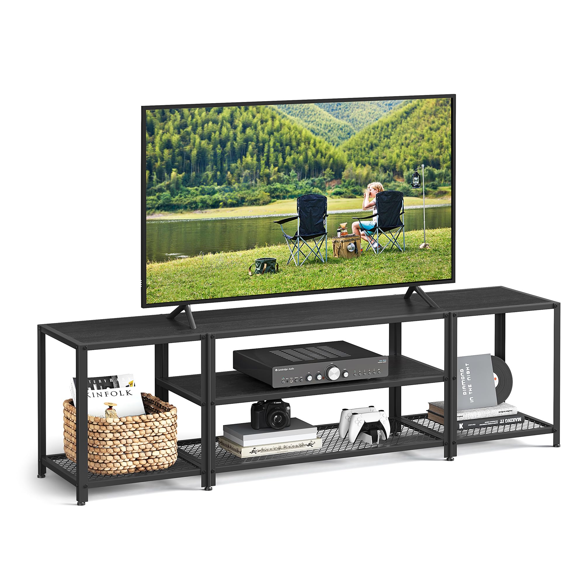 VASAGLE Modern TV Stand for TVs up to 75 Inches, 3-Tier Entertainment Center with Open Storage Shelves, Industrial TV Console Table - Black Wood Grain Finish ULTV098B22 | Perfect for Living Room, Bedroom, Home Theater & Office Setup