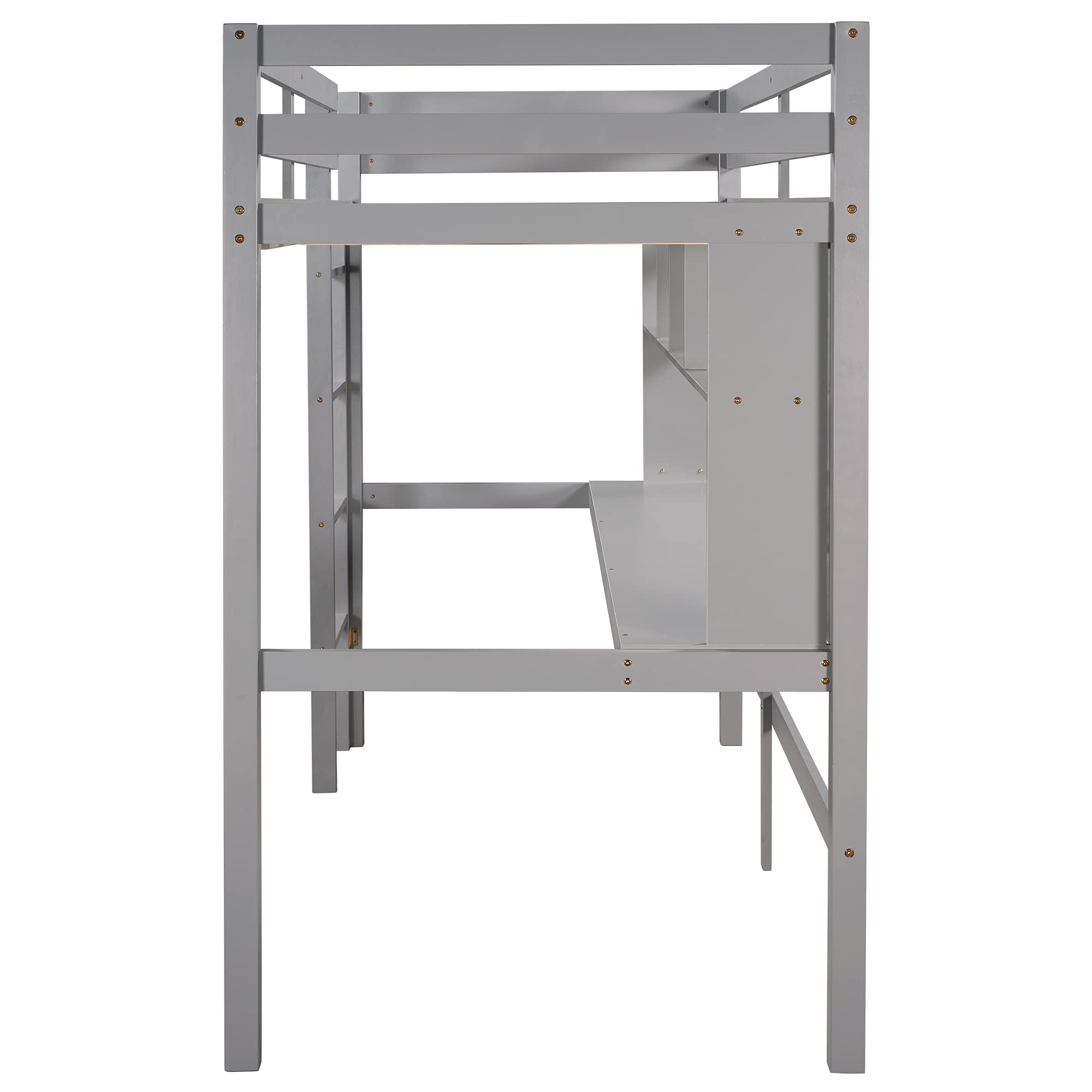 **Wooden Loft Bed with Storage Shelves & Under-Bed Desk - Twin Size, Gray - Full-Length Guardrail & Built-in Ladder - Perfect for Kids, Teens & Adults - Space-Saving Bedroom & Dorm Furniture**