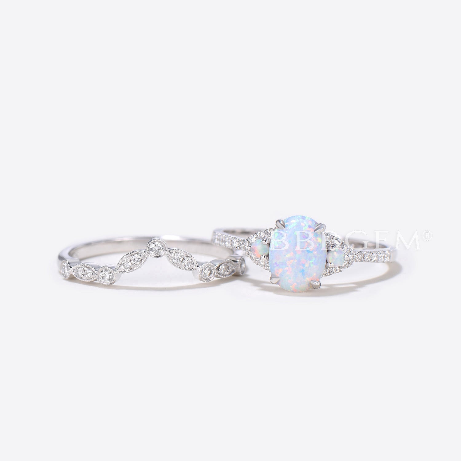 Three Stone Oval Opal Wedding Engagement Ring Set in Rose Gold with Diamond Matching Band - Perfect for Proposals, Anniversaries & Bridal Jewelry
