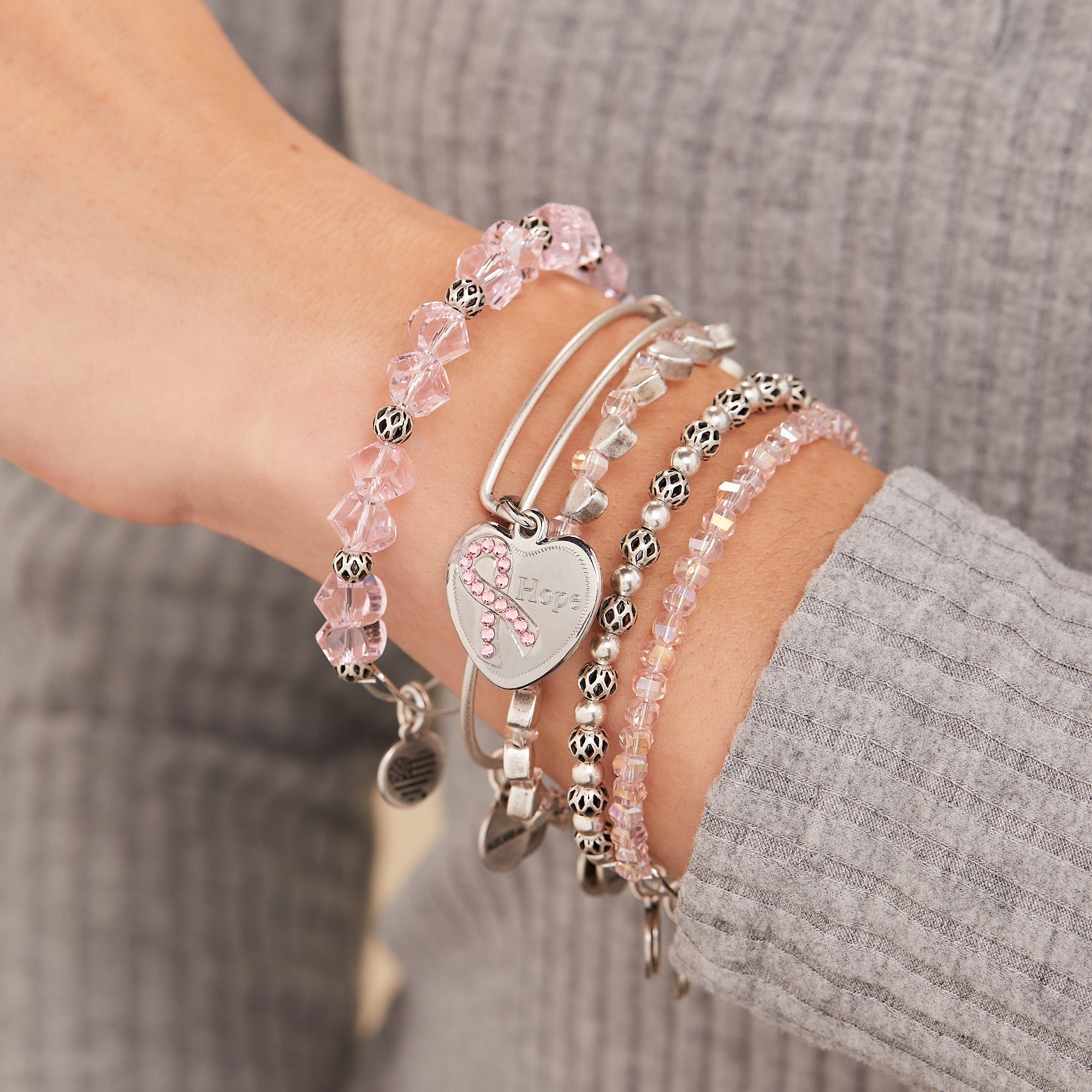 Hope Pink Ribbon Charm Bangle Bracelet Set of 5 - Breast Cancer Awareness Jewelry for Women, Fundraising Events & Support Gifts