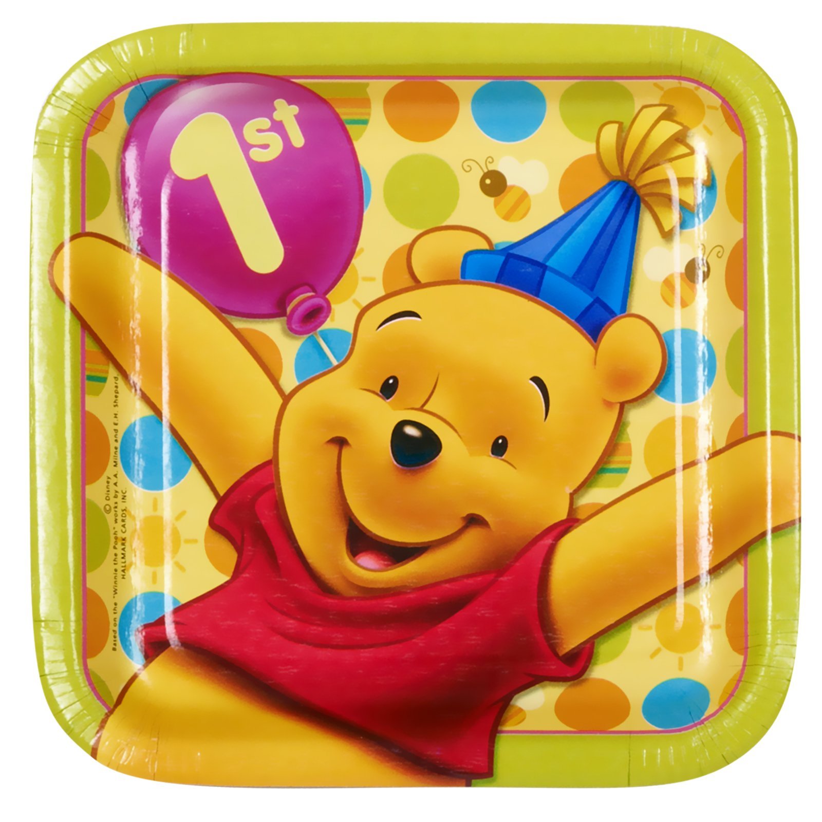 Pooh's 1st Birthday Square Dessert Plates - Set of 8 - Winnie the Pooh Theme Party Supplies - Perfect for Baby Showers, First Birthday Celebrations & Disney Themed Events