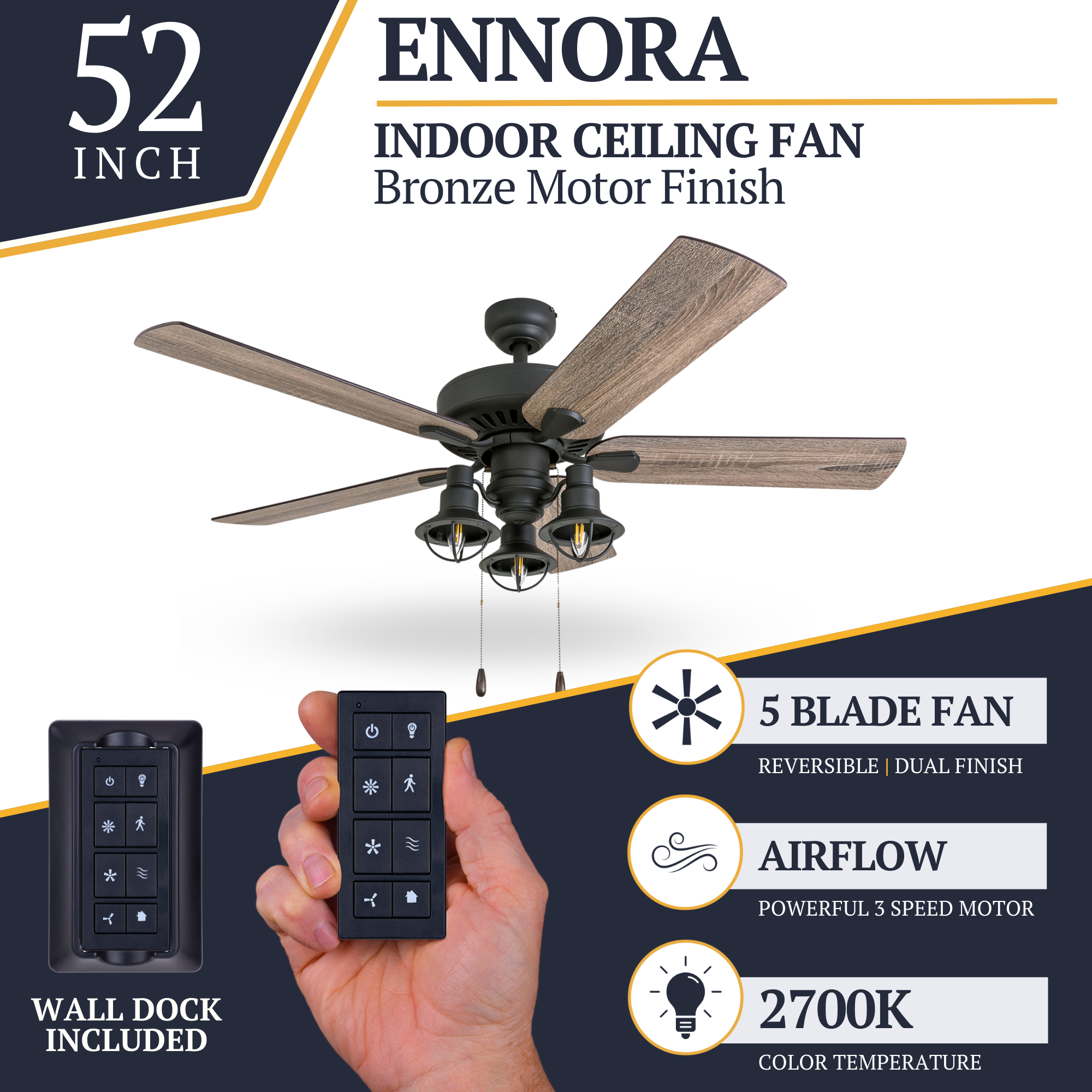 52 Inch Ennora Bronze Ceiling Fan with Remote Control - Quiet Reversible Motor for Bedroom, Living Room, and Outdoor Patio