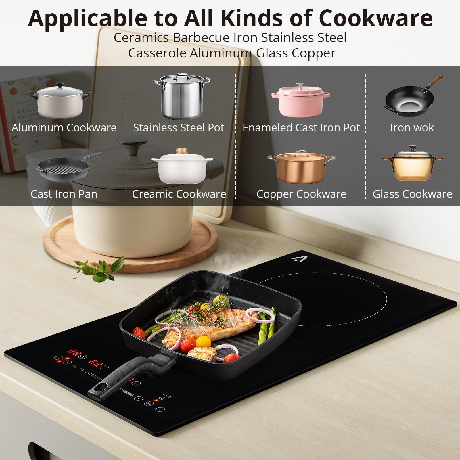 GARVEE 2 Burner Electric Cooktop 1800W Built-In Stove Top with Ceramic Glass Surface, Child Safety Lock & Timer - 11.6 Inch, 120V Black - Perfect for Small Kitchens, Apartments & RVs