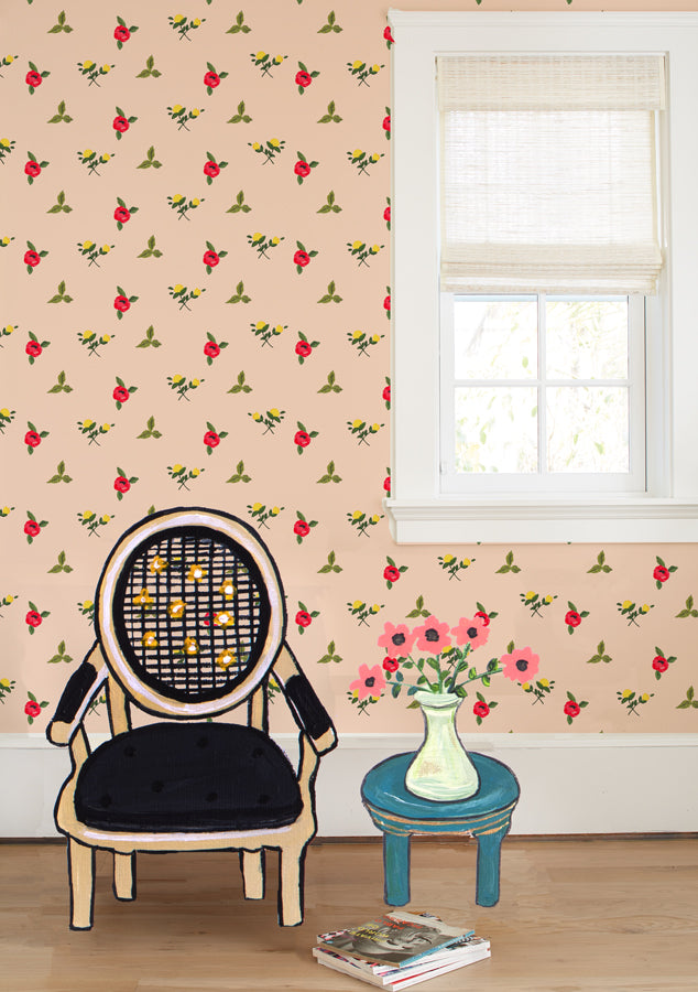 Carly Beck 'Grand Villa Garden' Peach Wallpaper - Elegant Floral Peel and Stick Wallpaper for Living Room, Bedroom, and Home Decor