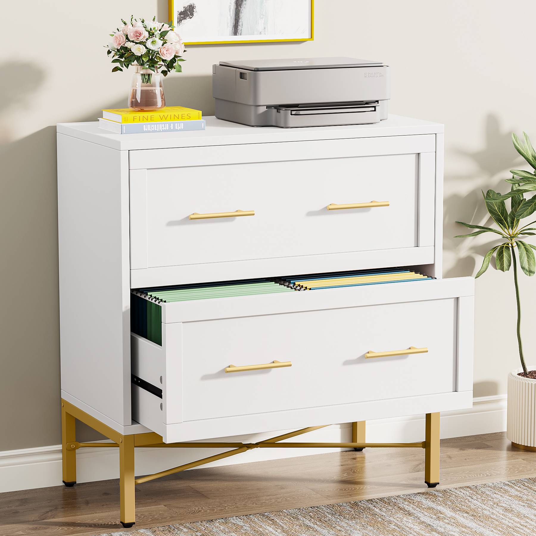 2-Drawer Lateral File Cabinet - Heavy Duty Metal Storage Cabinet with Lock, Printer Stand for Office & Home Organization - Perfect for Documents, Files & Office Supplies Storage