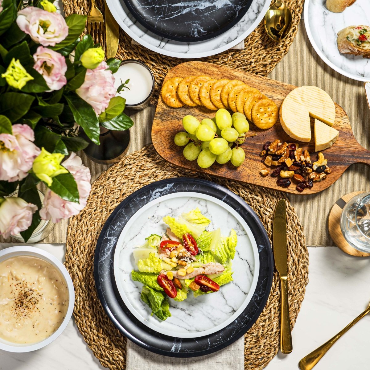 12-Piece White Marble Melamine Dinnerware Set - Plates & Bowls for Stylish Dining, Outdoor Picnics & Durable Everyday Use